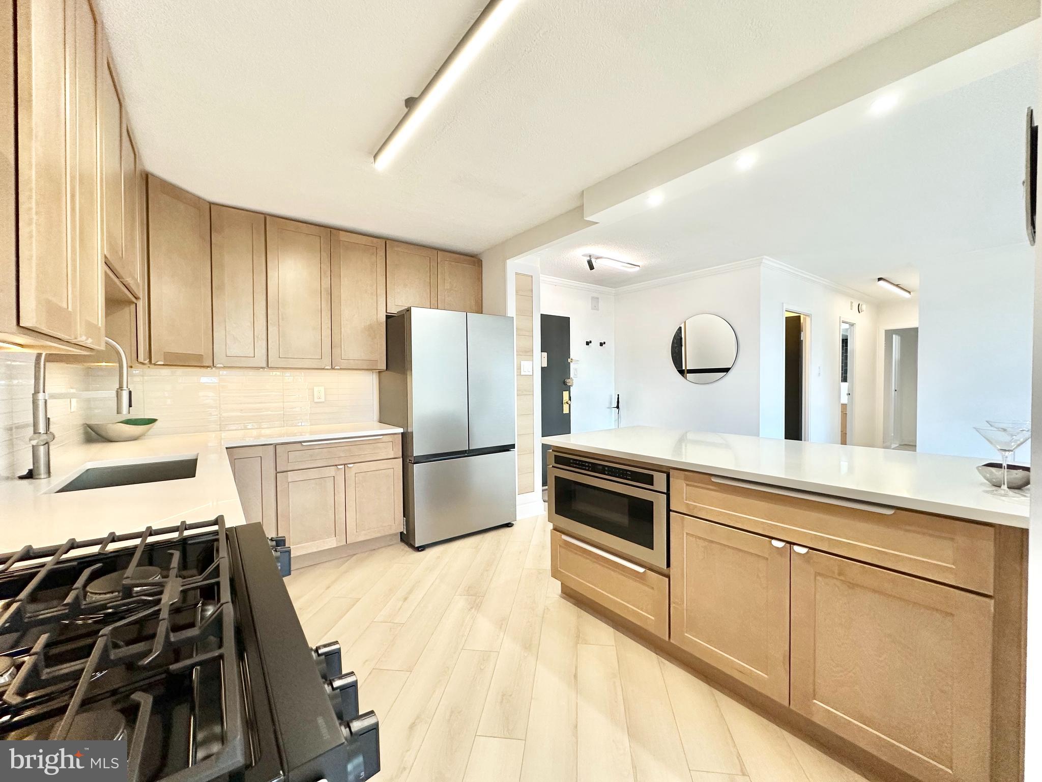 This stunning two-bedroom, two bathroom condo offers a fully upgraded, move-in-ready home with an unparalleled floor plan and unbeatble location with top rated schools.  Thoughtfully renovated with high-end finishes, the unit features all New: appliances, new Kitchen cabinets, quartz countertops, glass tile backsplash,, LED accent lighting, recessed lights, new LVP flooring throughout.  the Living room, Kitchen, and entrance have been opened up by removing walls, creating a bright, spacious  and sophisticated flow .  Both Bathrooms boast new large format tile, raised ceilings with recessed lights, glass tile accents, designer toilets, and large LED  Illuminated Mirrors.   the Condo fee includes all utilities & 24-hour concierge service for true worry-free living.  Additionally the unit has the space & necessary plumbing allowing the new owner to install an in unit washer/dryer going through the application process,  Across from fabulous Pike and Rose shops and restaurants. !/2 block to Redline Metro
