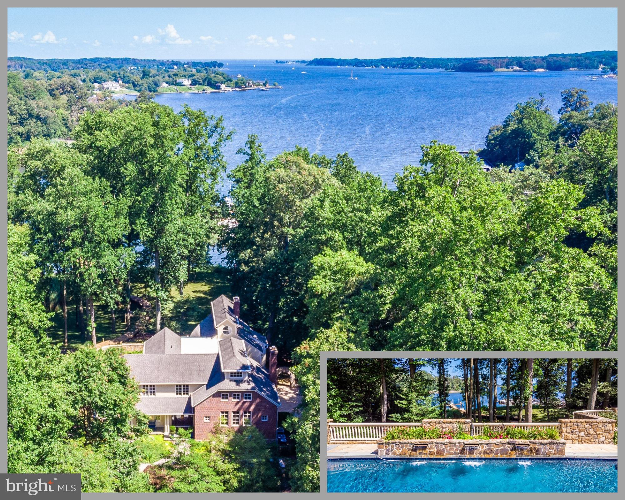 This sensational South River waterfront property is an entertainers paradise combining dramatic architectural features, luxury living, artistic landscaping and picturesque year-round water views in the highly sought-after community of Poplar Point. The front entry is defined by the majestic bronzed lion statues on stone platforms that frame the paver driveway.  The mature grasses and plantings, a rolling grassy yard to the waters edge, cool shade trees, fountains and hardscape is enhanced by a stone koi pond complete with a waterfall and a layer of lilly pads plus an idyllic slate and stone courtyard. The home is recognizable to all boaters for the prominent masonry chimneys above the roof line, 3-story tower of windows and the spectacular stone retaining wall.  A private pier extends beyond the living shoreline and can accommodate 2-4 boats, including a 60-ft cruiser. The saltwater swimming pool features a unique sandstone tile decking for barefoot comfort, 3 waterfalls, a row of tropical banana plants and a retractable cover.  A new pool bath sports a sleek beachy theme with a wavy tile shower surround and conch shell basin.  The covered poolside kitchen is fully equipped with stainless steel Traeger, Viking and KitchenAid appliances behind a massive granite bar. Features of the home begin with the 2-story Foyer and hardwood floors which extend throughout most of the main level. Striking and unique craftsman cherry railings are on display with both staircases and landings. The Study is characterized by the reclaimed pine floors and built-in bookcases framing a stone gas fireplace while the Sunroom highlights a 275 gal. saltwater fish tank and panoramic views. The majestic Great Room showcases 3 stories of picture windows overlooking the South River with double-sided stone gas fireplace on prominent display. The Chefs kitchen boasts extensive cream cabinetry contrasting with stylish granite counters to include a huge 2-tier center island with bar seating and high-end appliances. The Primary Suite extends to a private deck with sweeping views of the pool and the South River.  The luxury bath highlights marble:   counter, flooring, jet tub surround and sizeable shower.  An impressive closet incorporates glass front cabinets and a center 20-drawer dresser with exotic granite counter. A 2nd bedroom suite is adorned with a gas fireplace with ornate mantle, wet bar, walk-in closet and spacious deluxe all-marble bath. The top floor reveals a hobby room/bedroom with built-ins on each side and a 13-ft architectural ceiling with transom windows at the peak. The lower level showcases a massive custom mahogany and mirror bar with ornate fluted columns.  A Family Rm has built-in perimeter seating and shelving and an imposing double-sided stone gas fireplace with raised mantle. Another spacious Guest Suite enjoys French doors to the side courtyard and a private luxury bath with whimsical fishbowl sinks. The 3-bay garage with epoxy flooring incorporates stairs to a cavernous, floored attic space with 2-story peak ceiling.