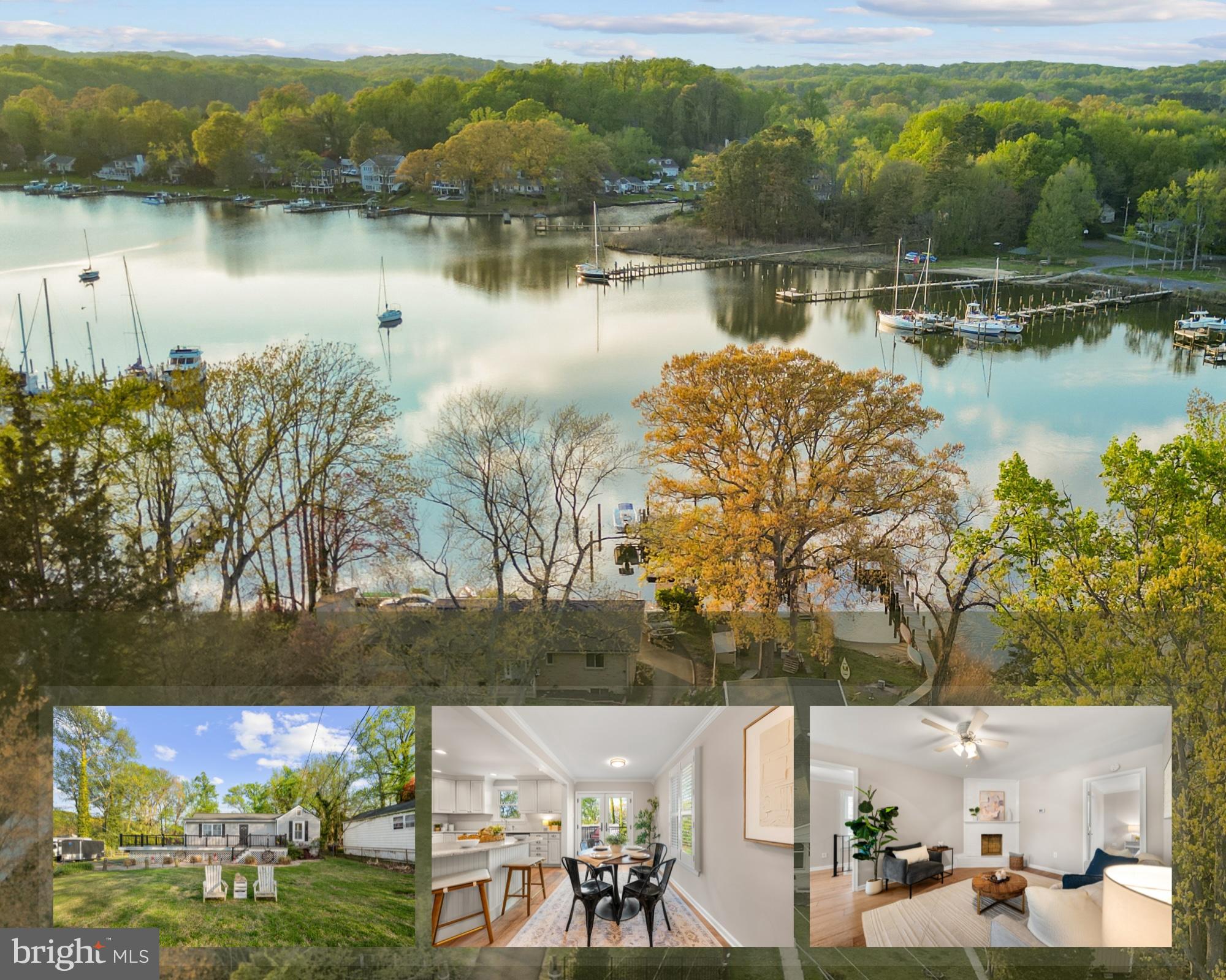 Welcome home! Nestled in this cherished waterfront community, serene views of Whitemarsh Creek greet you right from the front of the home. Whether you're looking to downsize into a low-maintenance water-oriented lifestyle or capitalize on incredible short-term rental potential, this property checks every box. This thoughtfully updated home offers an open floor plan ideal for effortless entertaining and everyday living, with rich hardwood floors and plantation shutters throughout. The generously sized living room features a charming brick corner fireplace and opens seamlessly into the gorgeously remodeled kitchen (2016), appointed with stainless steel appliances, an abundance of bright white cabinetry, granite countertops, and classic subway tile backsplash. The oversized island breakfast bar opens into the adjacent sunny dining area, where French doors lead directly to the wraparound deck for effortless indoor-outdoor living. A versatile flex space off the main living area is perfect for a home office, reading nook, or creative retreat. Both rare main level bedrooms feature elegant crown molding, plantation shutters, and ample closet space, connected by a beautifully updated jack & jill bath with a frameless glass door shower and modern finishes. The lower level offers a stunning full bath with an elegant freestanding soaking tub and floor-to-ceiling tile surround, dedicated laundry, and excellent potential for a workroom, hobby space, or additional storage. Step outside to the large wraparound composite Trex deck with remote-controlled retractable sunshade, where those front-facing water views set the perfect backdrop for sipping your morning coffee, dining al fresco, or simply unwinding as the sun sets over the creek. The fenced backyard is a true retreat as well, complete with a paver patio and brick fire pit ideal for gatherings. A storage shed and ample driveway parking large enough for parking an RV, boat, or summer guests round out the package. Major home system updates including roof (2022) with transferable lifetime warranty, HVAC (2024), water heater (2024), and windows (2015) offer true peace of mind. With Holiday Hill Marina only a block away, and both Weis Markets and Safeway conveniently within 5 miles, you'll be just minutes to charming downtown Annapolis, Mayo Beach Park, and Triton Nature Park. Quick access to Solomons Island Road, Central Avenue, Route 50, and Crain Highway. Come experience the relaxed water lifestyle this special community has to offer - schedule a private tour of your gorgeous new home today!