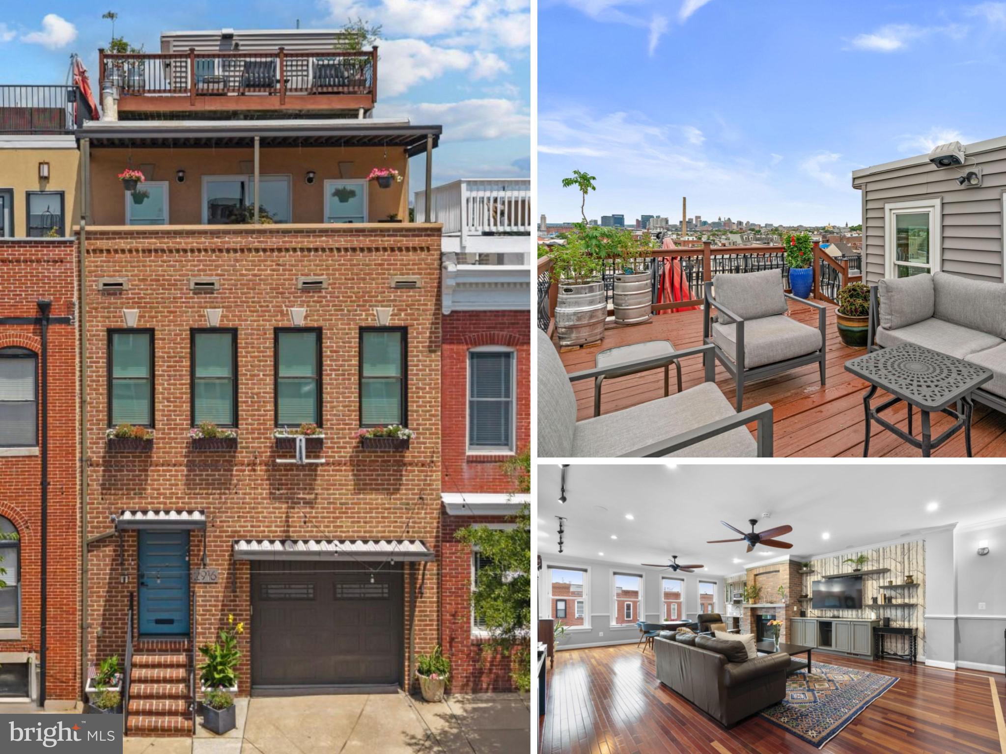 An absolute stunner in the heart of sought-after Canton!  Welcome to 2916 Dillon Street, an impressive 21' wide rowhome impeccably crafted for luxurious living and entertaining. Enjoy the perfect blend of historic character and modern amenities across 5 levels with over 4,700 square feet of living space, an incredible covered terrace and rooftop deck with dazzling panoramic views of Charm City, and 3-car parking in your private 2-car garage—a rare and highly-coveted city amenity—plus a 1-car rear carport. //  

The striking brick façade and window planters create charming curb appeal. Upon entering, a spacious foyer greets you with ceramic tile floors and a convenient coat closet. Rich hardwood floors carry throughout the expansive open-concept living area, complemented by exposed brick walls, elegant floating staircases, a chic powder room, and a dining room that flows seamlessly into the kitchen. This gourmet kitchen is thoughtfully designed with a spacious center island featuring bar seating, pendant lighting, abundant cabinetry, custom backsplash, and stainless steel appliances.  //  Ascend to the next level where hardwood floors grace a gorgeous and sun-filled great room complete with a gas fireplace, exposed brick walls, an elegant media center with built-in cabinetry, a coordinating wet bar with a beverage refrigerator, chair rail and crown moulding, track and recessed lighting, and brilliant natural light from many windows. Completing this level are a powder room for guests, and an expansive bedroom suite with an attached full bathroom.  //  Continue to the next level to find the expansive primary suite—a retreat showcasing a gas fireplace flanked by custom built-ins, a walk-in closet, a private covered terrace, and a spa-inspired bath with dual vanities and a striking glass block shower featuring rainfall and handheld shower heads. An additional bedroom suite on this level features its own attached full bath and walk-in closet, while the bedroom-level laundry room adds everyday convenience. The top-level loft offers exceptional versatility with a wet bar, refrigerator, powder room, and direct access to the spectacular rooftop deck (roof updated in 2023)—perfect for entertaining or relaxing while taking in sweeping skyline views.  //  Downstairs, the finished lower level provides a large recreation room ideal for a home gym, media room, lounge, or guest space—along with an additional full bathroom and utilities (HVAC updated in 2024).  //  Exterior highlights include a garage equipped with a hydraulic lift (allowing 2-car garage parking) and extra storage, a covered private terrace and incredible rooftop deck, and a rear 1-car covered carport accessible through the alley.

This remarkable residence offers timeless Baltimore charm and an unbeatable lifestyle just steps away from the waterfront, acclaimed restaurants, boutique shopping, museums, parks, nightlife, and major commuter routes. There's truly no place like this home, hon!