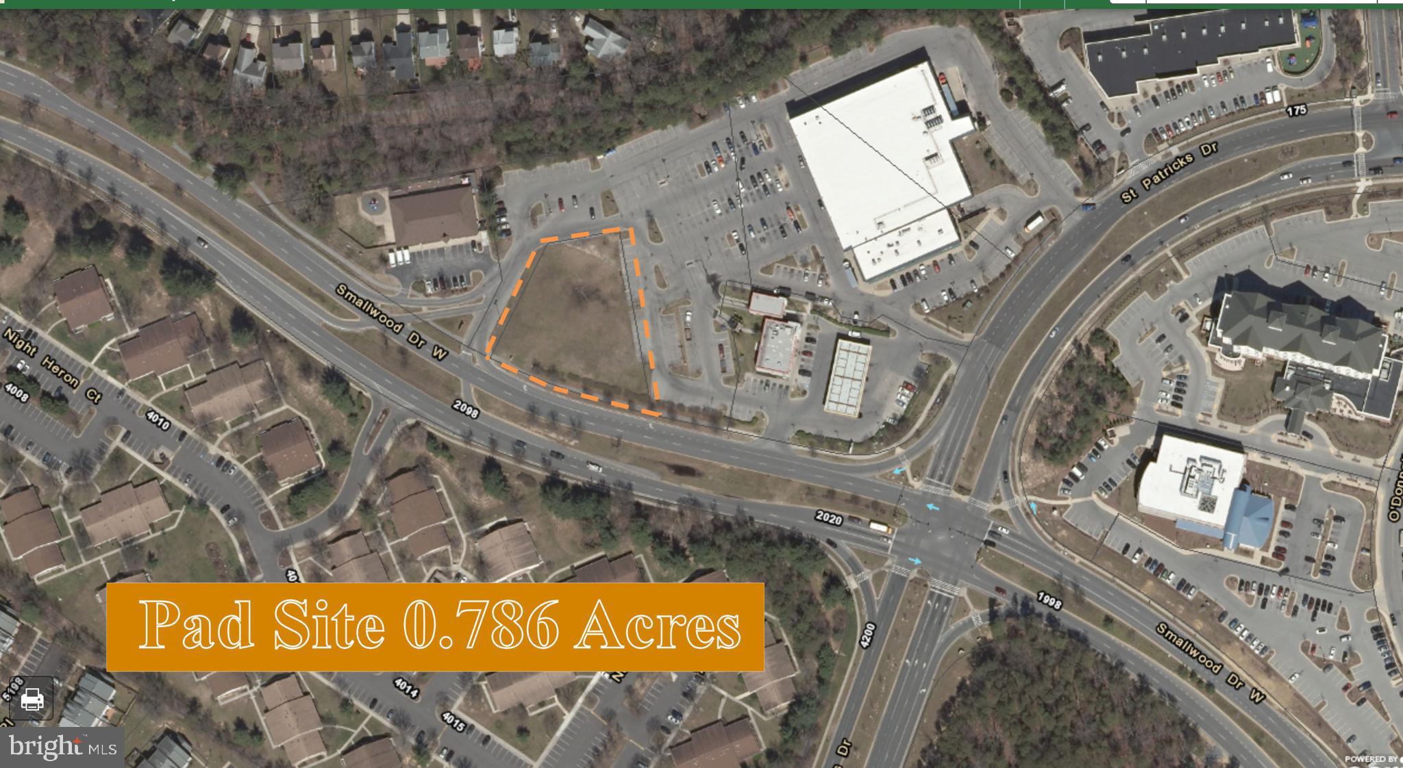 Level Pad Site with public utilities in a super location on Smallwood Dr., just past the Mall, the library, shopping, & Saint Patrick's Dr.  Property by Food Lion grocery store,  Dash In gas station and a Children's daycare.   Per owner storm water management is complete and there is a grease trap for the property. This is .79 acres of usable property.  Uses include retail, professional services, churches and more.