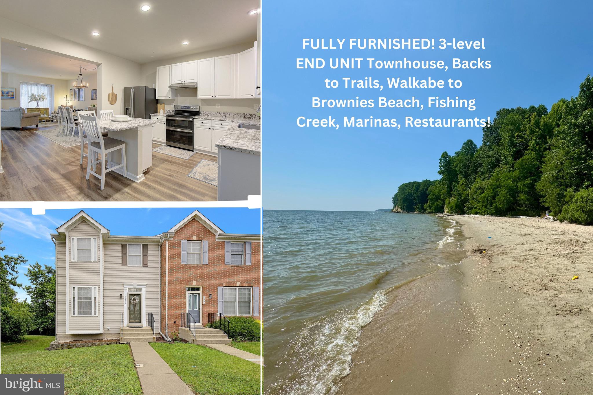 Fantastic opportunity to own this beautifully maintained END UNIT townhome situated on arguably the best lot in the highly desirable Bayview Hills community! Backing to open space and offering exceptional privacy, this home combines a peaceful setting with an unbeatable location for outdoor enthusiasts. Just steps from the Fishing Creek Rail Trail, you'll enjoy easy access to jogging, biking, kayaking, boating, fishing, and birdwatching. Bayview Hills residents also enjoy nearby RV and boat storage, access to top-rated schools, outdoor concerts at Rod 'N Reel, waterfront dining, shopping, Kellam's Field, the Northeast Community Center, and exclusive residents-only access to Brownie's Beach. Being sold FULLY FURNISHED (excluding housewares and artwork), this home is truly turnkey—simply move in and start enjoying the Chesapeake Beach lifestyle! Natural light fills the thoughtfully updated interior, which features luxury vinyl plank flooring, a new roof, skylight, and LeafGuard gutters (2021), plus a new dual-zone HVAC system (2022). Additional upgrades include modern lighting fixtures, energy-efficient wood pellet stove, and newer GE appliances. Two dedicated parking spaces are located directly in front of the home, with ample guest parking nearby. The main level offers an inviting open floor plan designed for both everyday living and entertaining. Features include a spacious living room with pellet stove, dining area, convenient powder room, bright morning room, and an upgraded kitchen with granite countertops, large center island, and newer GE appliances. Step outside to the private deck overlooking scenic open space—an ideal spot to enjoy your morning coffee or unwind at the end of the day. Upstairs, the spacious primary suite features a beautifully renovated en-suite bath, walk-in closet, and sitting area. Two additional generously sized bedrooms and a full hall bath complete the upper level. The finished walk-out lower level provides more than 800 square feet of versatile living space, including a recreation room, full bathroom, potential fourth bedroom, home office, in-law suite, laundry room, utility room, and additional storage. Sliding glass doors lead to the fully fenced backyard and attractive stone paver patio, creating even more space to relax or entertain. Don't miss this rare opportunity to own an energy-efficient, move-in-ready home in one of Chesapeake Beach's most desirable communities. Conveniently located for commuters with easy access to Joint Base Andrews, Washington, D.C., Annapolis, the Suitland Metro Station, and regional commuter bus routes. ** Please note that the reserve parking spot in front is #34**
