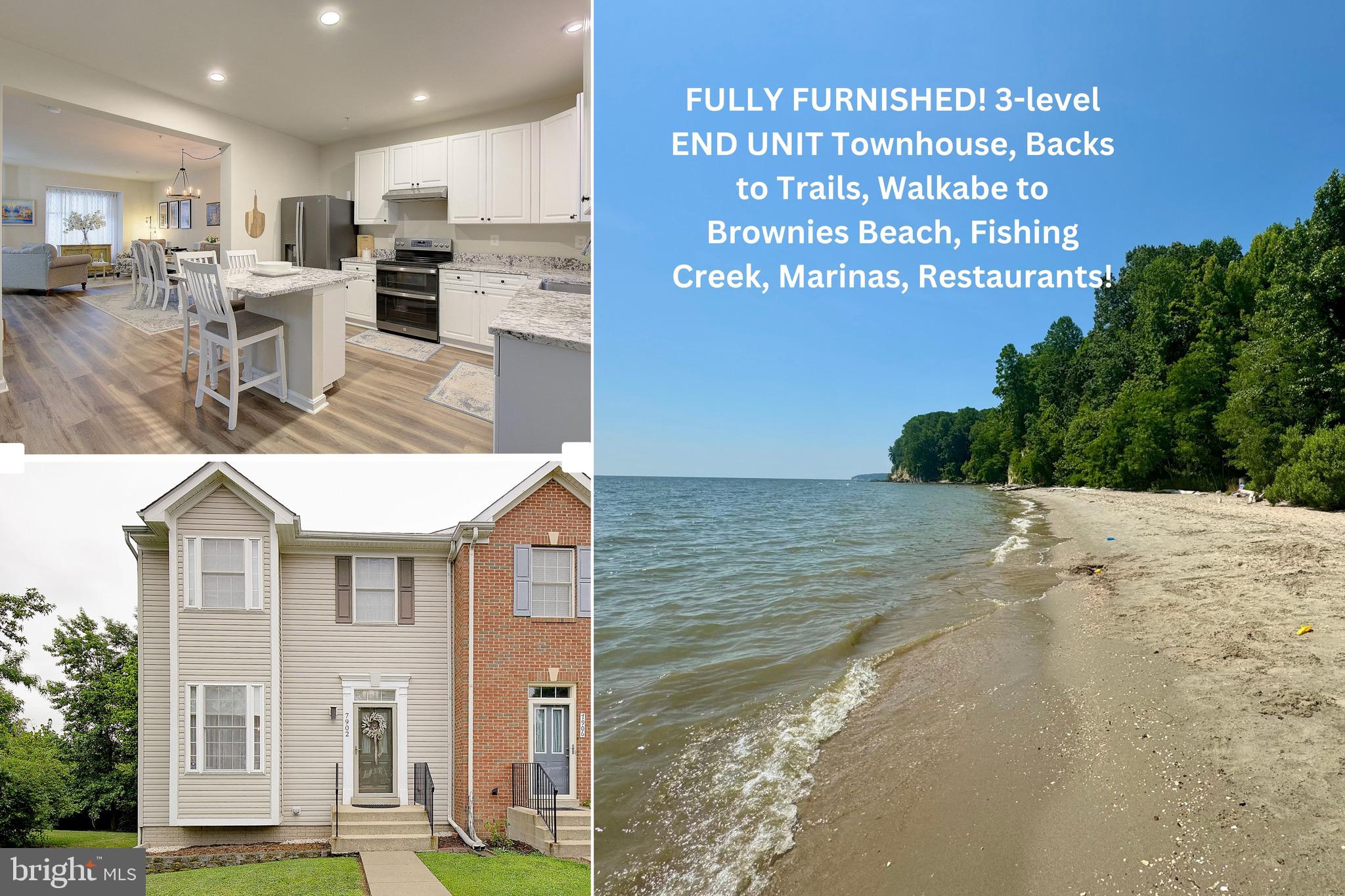 Fantastic opportunity to own this beautifully maintained END UNIT townhome situated on arguably the best lot in the highly desirable Bayview Hills community! Backing to open space and offering exceptional privacy, this home combines a peaceful setting with an unbeatable location for outdoor enthusiasts. Just steps from the Fishing Creek Rail Trail, you'll enjoy easy access to jogging, biking, kayaking, boating, fishing, and birdwatching. Bayview Hills residents also enjoy nearby RV and boat storage, access to top-rated schools, outdoor concerts at Rod 'N Reel, waterfront dining, shopping, Kellam's Field, the Northeast Community Center, and exclusive residents-only access to Brownie's Beach. Being sold FULLY FURNISHED (excluding housewares and artwork), this home is truly turnkey—simply move in and start enjoying the Chesapeake Beach lifestyle! Natural light fills the thoughtfully updated interior, which features luxury vinyl plank flooring, a new roof, skylight, and LeafGuard gutters (2021), plus a new dual-zone HVAC system (2022). Additional upgrades include modern lighting fixtures, energy-efficient wood pellet stove, and newer GE appliances. Two dedicated parking spaces are located directly in front of the home, with ample guest parking nearby. The main level offers an inviting open floor plan designed for both everyday living and entertaining. Features include a spacious living room with pellet stove, dining area, convenient powder room, bright morning room, and an upgraded kitchen with granite countertops, large center island, and newer GE appliances. Step outside to the private deck overlooking scenic open space—an ideal spot to enjoy your morning coffee or unwind at the end of the day. Upstairs, the spacious primary suite features a beautifully renovated en-suite bath, walk-in closet, and sitting area. Two additional generously sized bedrooms and a full hall bath complete the upper level. The finished walk-out lower level provides more than 800 square feet of versatile living space, including a recreation room, full bathroom, potential fourth bedroom, home office, in-law suite, laundry room, utility room, and additional storage. Sliding glass doors lead to the fully fenced backyard and attractive stone paver patio, creating even more space to relax or entertain. Don't miss this rare opportunity to own an energy-efficient, move-in-ready home in one of Chesapeake Beach's most desirable communities. Conveniently located for commuters with easy access to Joint Base Andrews, Washington, D.C., Annapolis, the Suitland Metro Station, and regional commuter bus routes. ** Please note that the reserve parking spot in front is #34**