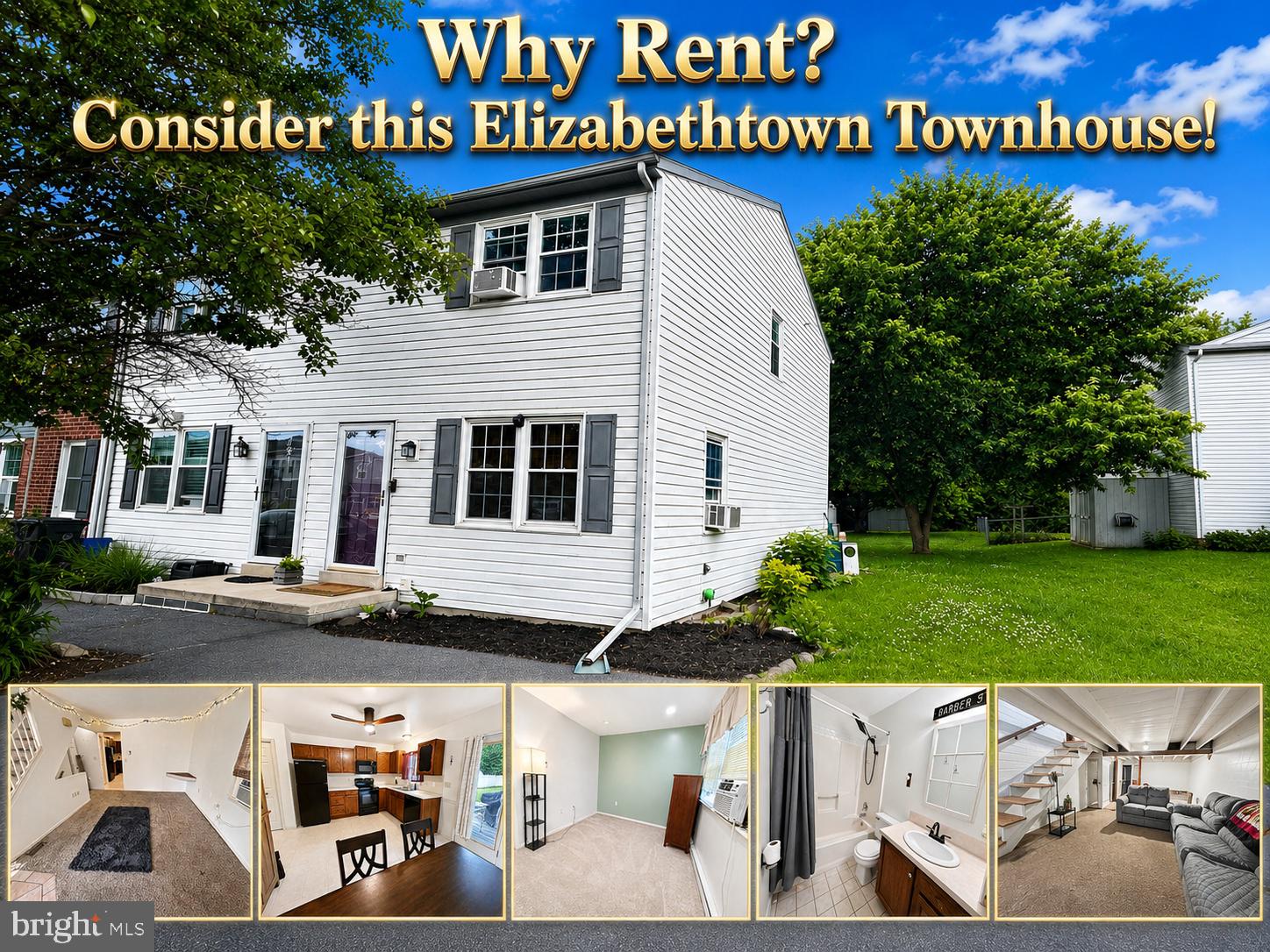 Welcome to 279 Radio Rd, Elizabethtown — a spacious end-unit townhouse offering comfortable living, convenient location, and great features throughout! The first floor offers a bright living room, half bath, and an eat-in kitchen with tile flooring, pantry space, a broom/coat closet, and appliances that remain, including a refrigerator replaced in 2022 and dishwasher replaced in 2024.

The second floor features 3 bedrooms and a full bath with a tub/shower combination. The finished lower level adds valuable living space with a family room featuring surround sound, a 90-inch TV home theater setup, and entertainment console — all remaining with the home. A natural gas connection is also in place for a future fireplace, as one was formerly connected. A unique touch of character can be found in the rear section of the family room, which features brick flooring made from bricks from the old Mars Chocolate factory, along with a wood beam accent at the brick hearth area in the front corner of the family room.

The rear unfinished utility/laundry room includes the washer and dryer, wash sink, 200-amp electric service, hot water heater replaced on 1/11/2023, and additional storage space. Four window A/C units also convey.

Outside, enjoy mature trees, a rear deck, storage shed, and a 4-car paved driveway. There is also a natural gas hookup running to the house, offering the convenience of connecting your gas grill. Conveniently located just minutes from Route 283, TJ Rockwell’s Grill & Tavern with outdoor seating, and a nearby school within walking distance.

Some carpeting is in need of replacement, and some walls could benefit from fresh paint, which is reflected in the home being sold in its present condition. This end-unit townhouse offers space, convenience, character, and charm — with a great opportunity for the next owner to add their own finishing touches! Hurry, this opportunity will not last long in Elizabethtown.