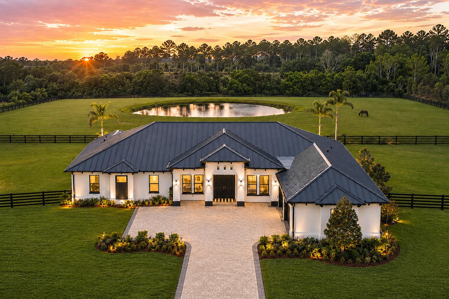 Experience luxury in this exceptional custom estate on 5 private acres in the gated community of Meadow Run. This 5-bedroom, 4.5-bath residence offers a thoughtfully designed living space with a dedicated office, soaring ceilings, and designer finishes throughout. The chef's kitchen is appointed with Wolf appliances, Sub-Zero refrigeration, Cove dishwasher, steam oven, warming drawer, pot filler, butler's pantry, walk-in pantry, coffee bar, and reverse osmosis system. Outdoor living is equally impressive with a saltwater pool, spa, summer kitchen, cabana bath, covered lanai with wood ceiling and professionally landscaping. Additional features include a 3-car garage, impact glass, premium fencing, and a build quality that rivals new construction. Meadow Run is an exclusive community.