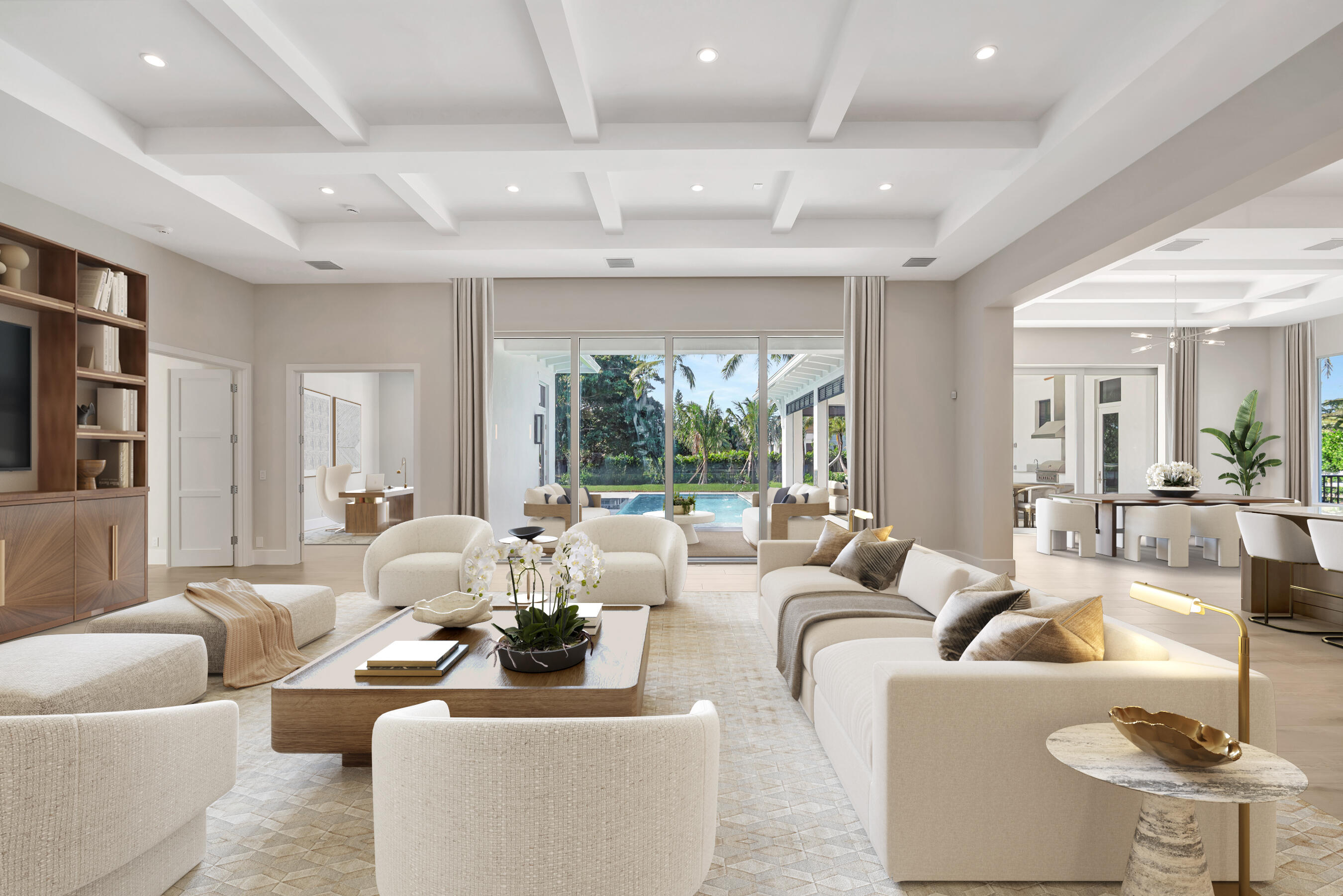 Steeplechase - New Construction Estate - Move In Ready - by Delcrest Homes  Welcome to 5355 Seabiscuit, an exceptional one-story new construction estate in the gated community of Steeplechase in Palm Beach Gardens. Designed by YRA Designs, built by Delcrest Homes, and finished with the curated selections of Terri Polimeni Interiors, this 5,600-square-foot residence delivers a level of craftsmanship, scale, and livability that sets a new benchmark for luxury in Steeplechase.  Set on 1.07 acres, the home features four bedrooms, four full baths, two half baths, and expansive living and entertaining spaces designed for both elegance and everyday comfort. The gourmet kitchen is a showpiece, featuring dual islands, quartzite countertops, custom wood cabinetry with... full wood boxes, shaker-style fronts, and a full suite of Sub-Zero and Wolf appliances all paneled where possible for a seamless, furniture-grade finish. Custom designer lighting enhances every space, while imported Italian porcelain flooring with rectified edges provides the rich look of wood with superior durability.  A custom wet bar adds yet another layer of sophistication, complete with wine refrigeration, beverage center, and sink, making it ideal for entertaining. The owner's suite is a private retreat with a spacious sitting area and an extraordinary walk-in closet measuring over twenty feet in length. The primary bath is spa-worthy, featuring imported porcelain tile, quartz countertops, custom cabinetry, a freestanding tub, a frameless glass shower enclosure, and a dedicated makeup area.  The outdoor living spaces are designed to capture the best of South Florida living. A sprawling covered patio easily accommodates both a full dining area and a separate lounge space. The summer kitchen is equipped with a built-in grill, beverage center, and ample counter space for effortless outdoor entertaining. Remote-controlled phantom screens allow you to transition between open-air and screened-in living at the touch of a button. The heated pool and spa are framed by custom lighting and generous yard space, offering enough room for a future guest house, playground, or sport court.  Additional features include custom ceiling details such as box beams and extensive hi-hat lighting throughout, all contributing to the home's modern, refined aesthetic.  A rare offering in Steeplechase, this brand-new estate combines architectural integrity, premier craftsmanship, and over an acre of usable land delivering the perfect balance of privacy, luxury, and contemporary South Florida living.