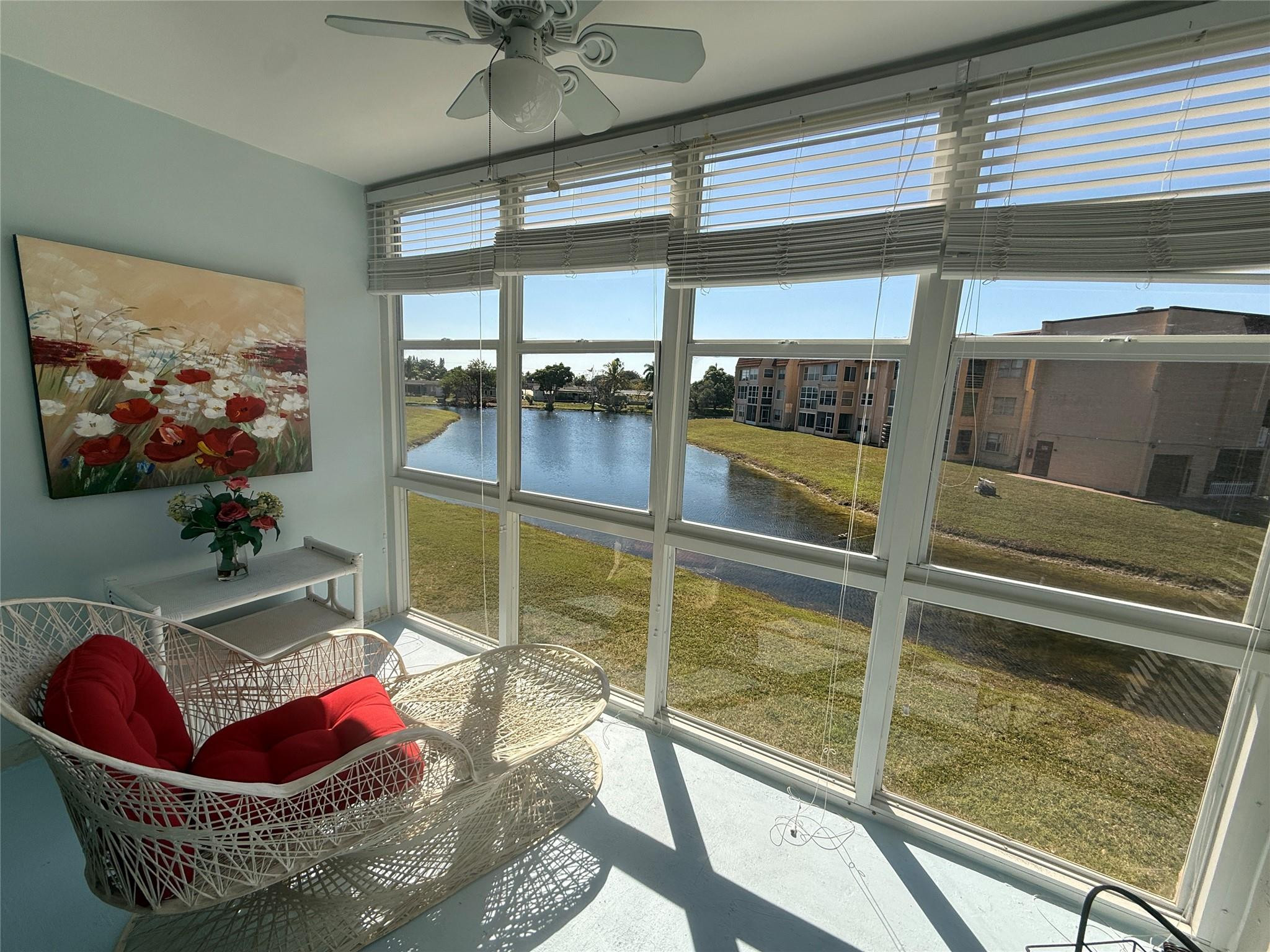 Beautiful condo 1 bedroom, 1.5 bath. Move in ready come totally furnish and turnkey, very clean just bring your tooth brush. Tiles through out, enclose patio with impact windows plus shutters. enjoy the view of the lake and fountain. Cable TV and internet are included in the HOA. Nice location just step from the pool. Amennaties included heated inside and outside pool, spa, sauna, exercise room, free golf, pickleball, tennis, Petanque, bingo and much more. Security 24/7 and camera courtesy bus. Building good condition, past the 50 years inspection, roof redone. Very good and safe location. 20% down is required for financing and 10% for cash purchase. 6 months maintenance fees held in escrow for 2 years, credit score 700 a net income of  $2825 monthly after expenses.