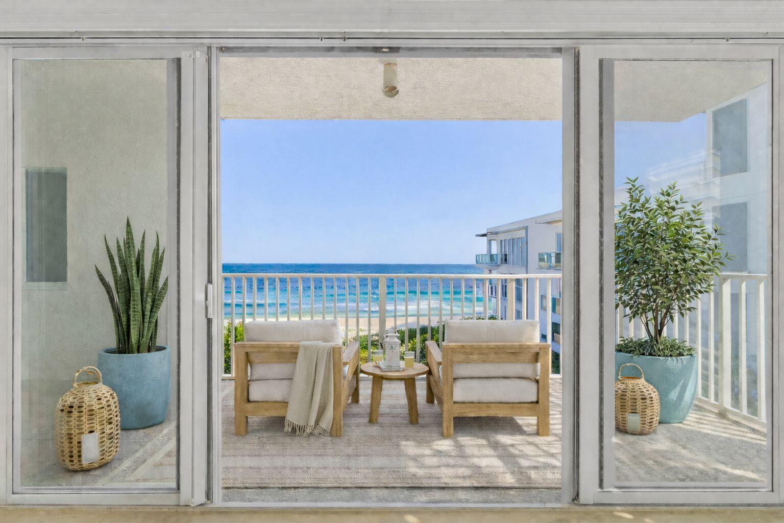 THIS DIRECT PENTHOUSE, OCEANFRONT ESCAPE FEATURES 2 BEDROOMS AND 3 PRIVATE TERRACES, UPDATED WITH 24X24 PORCELAIN TILE, THIS COASTAL AND BRIGHT UNIT WAS JUST UPDATED. THIS PENTHOUSE FEATURES NEUTRAL WOOD CABINETRY IN THE KITCHEN AND BATHROOMS, WITH SANDSTONE COUNTERTOPS. COMPLETE IMPACT WINDOWS AND SLIDERS THROUGHOUT. NEW SHOWER TILES IN THE MASTER & SEPARATE SOAKING TUB. TRANQUIL SETTING IN A BOUTIQUE COMPLEX OF ONLY 24 UNITS. ENJOY SUNRISE FROM YOUR BEACH BALCONY, DINE ON YOUR OVERSIZED KITCHEN PATIO, OR WATCH SUNSET FROM YOUR SUNSET PATIO AT THE REAR OF THIS HOME. THE UNIT IS STANDALONE, SO THERE ARE NO NEIGHBORS CONNECTED TO THE UNIT, ABOVE OR ON THE PENTHOUSE LEVEL. TOTALLY PRIVATE. THIS DIRECT PENTHOUSE, OCEANFRONT ESCAPE FEATURES 2 BEDROOMS AND 3 PRIVATE TERRACES. COMPLETELY UPDATED WITH 24X24 PORCELAIN TILE, THIS COASTAL AND BRIGHT UNIT WAS JUST UPDATED WITH NEW PAINT THROUGHOUT. THIS PENTHOUSE FEATURES NEUTRAL WOOD CABINETRY IN THE KITCHEN AND BATHROOMS, WITH SANDSTONE COUNTERTOPS. COMPLETE IMPACT WINDOWS AND SLIDERS THROUGHOUT. NEW SHOWER TILES IN THE MASTER & SEPARATE SOAKING TUB. TRANQUIL SETTING IN A BOUTIQUE COMPLEX OF ONLY 24 UNITS. ENJOY SUNRISE FROM YOUR BEACH BALCONY, DINE ON YOUR OVERSIZED KITCHEN PATIO, OR WATCH SUNSET FROM YOUR SUNSET PATIO AT THE REAR OF THIS HOME. THE UNIT IS STANDALONE, SO THERE ARE NO NEIGHBORS CONNECTED TO THE UNIT, ABOVE OR ON THE PENTHOUSE LEVEL. TOTALLY PRIVATE. UNIT HAS ELEVATOR ACCESS. THIS HILLSBORO MILE JEWEL IS IDEALLY LOCATED 1 MILE FROM DEERFIELD BEACH, AND CLOSE PROXIMITY TO FT. LAUDERDALE AIRPORT. WALKING DISTANCE TO LIGHTHOUSE OR PIER. 5 MIN TO THE BOCA RATON RESORT OR DOWNTOWN BOCA. THE COMMUNITY HAS A LARGE HEATED POOL ON THE WEST SIDE OF THE COMPLEX. DEEDED BOAT DOCKS WHEN AVAILABLE.