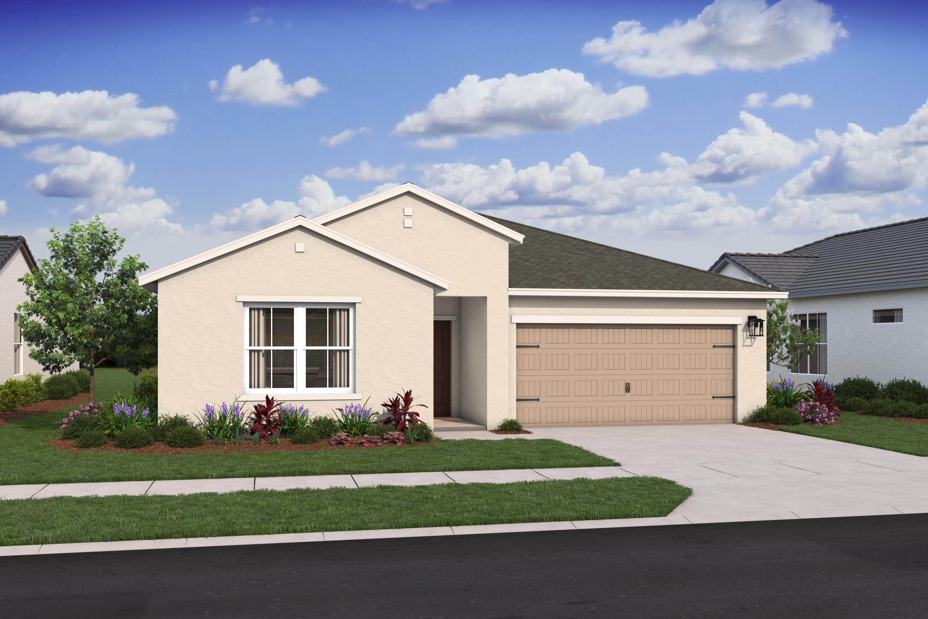 Discover the exceptional Passionflower II, a beautifully designed 4-bedroom, 3-bath home offering the rare advantage of no HOA fees and complete impact glass protection. Thoughtfully crafted for multigenerational living, this popular floorplan features a private mother-in-law suite with its own entrance and convenient kitchenette—ideal for extended family, guests, or a private home office. Inside, you'll find designer-selected finishes from our professionally curated LOFT Look, showcasing striking Admiral Blue soft-close cabinetry, elegant white quartz countertops, a timeless white subway tile backsplash, and under-cabinet lighting. The spacious kitchen flows seamlessly into the open-concept living area, where soaring vaulted ceilings and wood-look tile flooring throughout create a bright, inviting atmosphere.  Enjoy added privacy with a peaceful canal behind the home, providing a serene backdrop for everyday living. Additional highlights include a full suite of GE appliances, gutters, and whole-home impact glass for style, comfort, and peace of mind.  Don't miss this opportunity to own a beautifully appointed home with modern finishes, flexible living space, and no HOA restrictions.