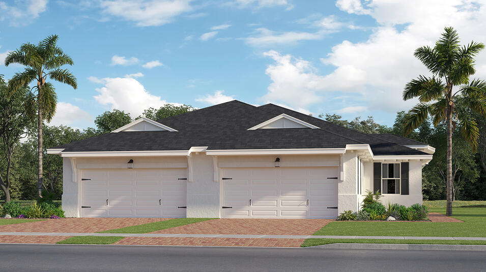 This new single-story twin home is a modern take on a classic design. Its open-plan layout connects the well-equipped kitchen, intimate dining room and Great Room together . Glass sliders lead to an attached lanai. Nearby is the owner's suite with a full-sized bathroom and walk-in closet, while on the opposite side of the home are the remaining two bedrooms and a flex space.  Prices, dimensions and features may vary and are subject to change. Photos are for illustrative purposes only.