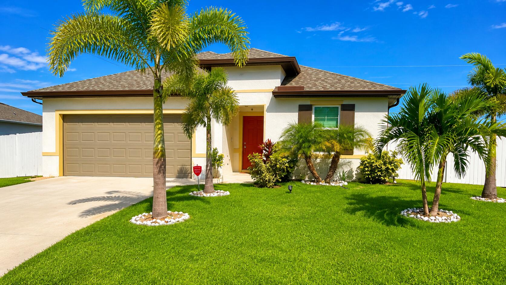 Like a private resort, this move-in-ready oasis sits on a quiet private street with NO HOA. This exceptionally maintained 4BR/2BA home, built in 2022, offers 2,324 total sq. ft. and over $150,000 in upgrades. Enjoy a paid-off solar system 32xL Panels, valued at $50K, saving approximately $4,000-$5,000  annually on power bills, plus impact windows and doors for added efficiency and peace of mind. The gourmet kitchen features granite countertops, stainless steel appliances, electric fire place, smart home technology, and security cameras. Outdoor upgrades include lush mature landscaping, irrigation, fencing, a 456 sq. ft. travertine patio, and a solid 6x6x4 shed. Conveniently located just 8-10 minutes from Palm City. Seller relocating. A-rated Palm Point K-8 nearby. Call today!