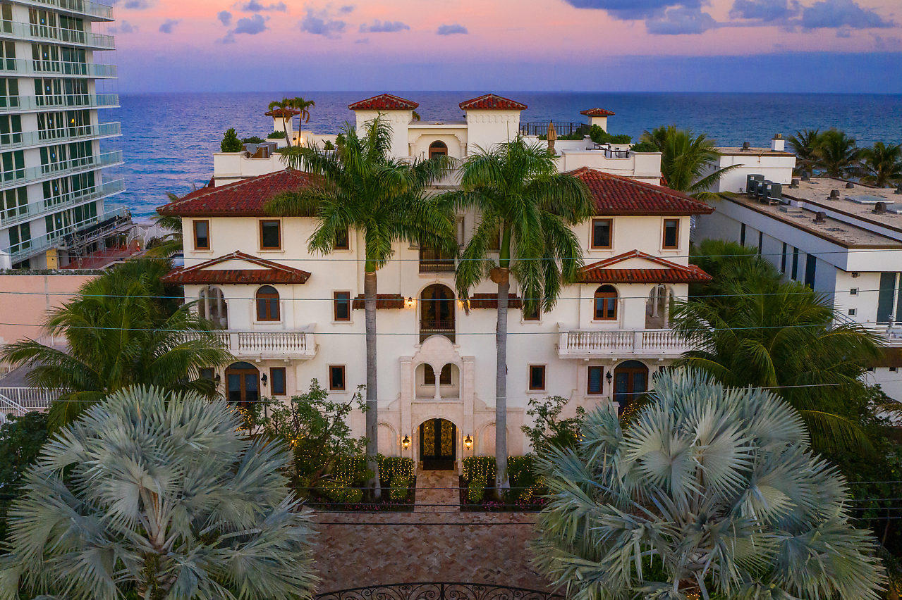 Be mesmerized by the beckoning waves as you walk out directly from your two level Villa to over 100ft ocean frontage of unending blue ocean views. This luxurious architectural masterpiece is designer furnished filled with utmost attention to every detail. Over 6631 sqft includes: 4 en-suite bedrooms , 4 car garage, gourmet chef's kitchen with Wolf, Miele & Sub-Zero appliances. This magnificent home features main floor office, formal dining room, formal living room plus full wet bar, laundry room on every level, private elevator and balconies in every room, fireplaces, splash pool /jacuzzi, a cabana bath, upstairs media room that can convert to 5th bedroom/gym. Highland Beach is nestled on the Ocean between Boca Raton and Delray Beach.