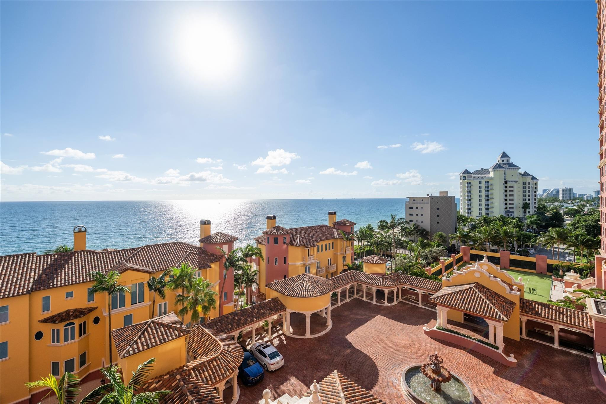 The Palms Condo unit 9D, an impressive Portofino flow-through model with sunrise and sunset views to delight the senses, and enjoy the Florida lifestyle. Magnificent renovations for a comfortable and luxurious living, private elevator to the owner’s foyer, spacious entry immersed in natural light, and ocean views starting from the front door. Prestigious gated complex located directly on the sand with full beach service (chairs and towel), 2 pools, state-of-the-art gym, tennis, racquetball/ squash courts, Club Room, Party room, 24 hours valet and security. Pet friendly. Most desirable location: dining, shopping, state parks, entertainment, new grocery store, Publix within a couple of blocks. Great schools and close to downtown.