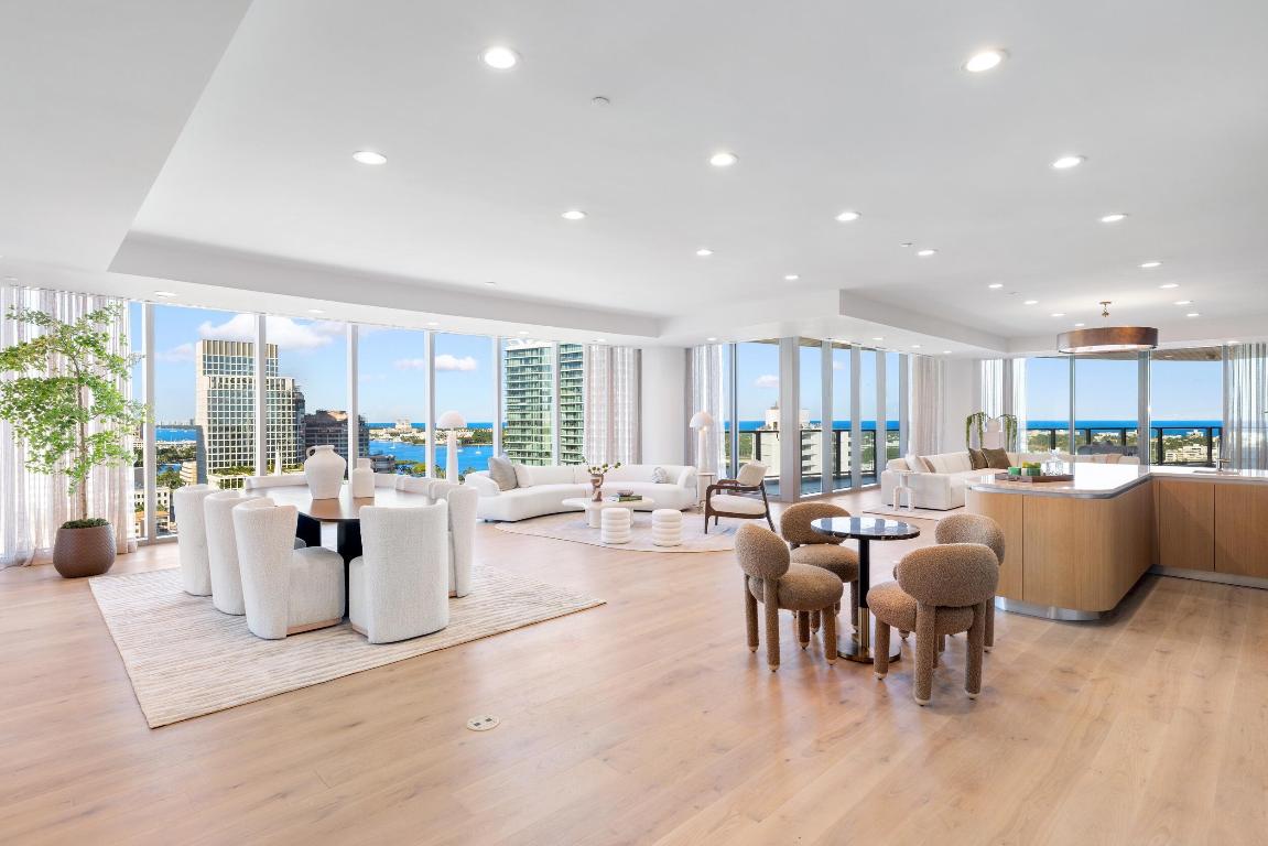 Beautiful brand new 4BR/4.1BA condominium with gorgeous Ocean, Intracoastal, and Palm Beach views. 5,400+/- total square feet of indoor and outdoor living. Private elevator foyer opens to fantastic open-concept great room. Gorgeous eat-in kitchen with chef's island. Living room features stunning water views and wet bar. Fabulous oversized terraces overlooking beautiful city views to the north and sweeping water views to the East. Waterfront Primary Suite with endless Ocean views, oversized bath, and dual walk-in closets. The iconic new Forté on Flagler building features three full floors of opulent amenities. Fantastic downtown location just blocks from CityPlace, Palm Beach Island, and so many shops and restaurants.