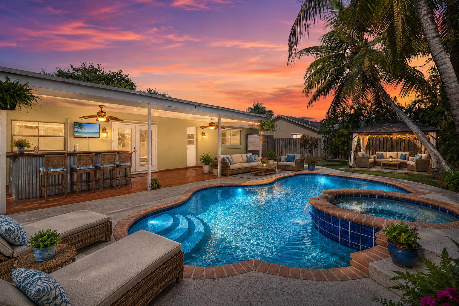 Enjoy the South Florida lifestyle you've been dreaming about in this beautifully maintained 3-bedroom, 2-bath pool home situated on an oversized corner lot. The true centerpiece is the incredible backyard, designed for entertaining with a sparkling pool, covered patio, gazebo, mature tropical landscaping, and abundant yard space. Whether you're hosting family gatherings, relaxing by the pool, or storing your boat or recreational vehicles, this property has it all. Inside, volume ceilings and an open great room create a bright, airy living space. The kitchen has granite countertops, wood-grain cabinets, natural gas cooking, and Samsung appliances. The primary suite offers direct access to the patio through a convenient cabana bathroom. Major updates include complete plumbing replacement, new AC and new appliances all just 4 years ago. Additional features include a natural gas water heater, a 1-car garage, and an unbeatable location close to Sawgrass Mills, Amerant Bank Arena, parks, shopping, dining, and major highways. Best of all NO HOA to pay or deal with. Don't miss the opportunity to call this home! Seller is offering 10,000 credit towards future roof replacement.