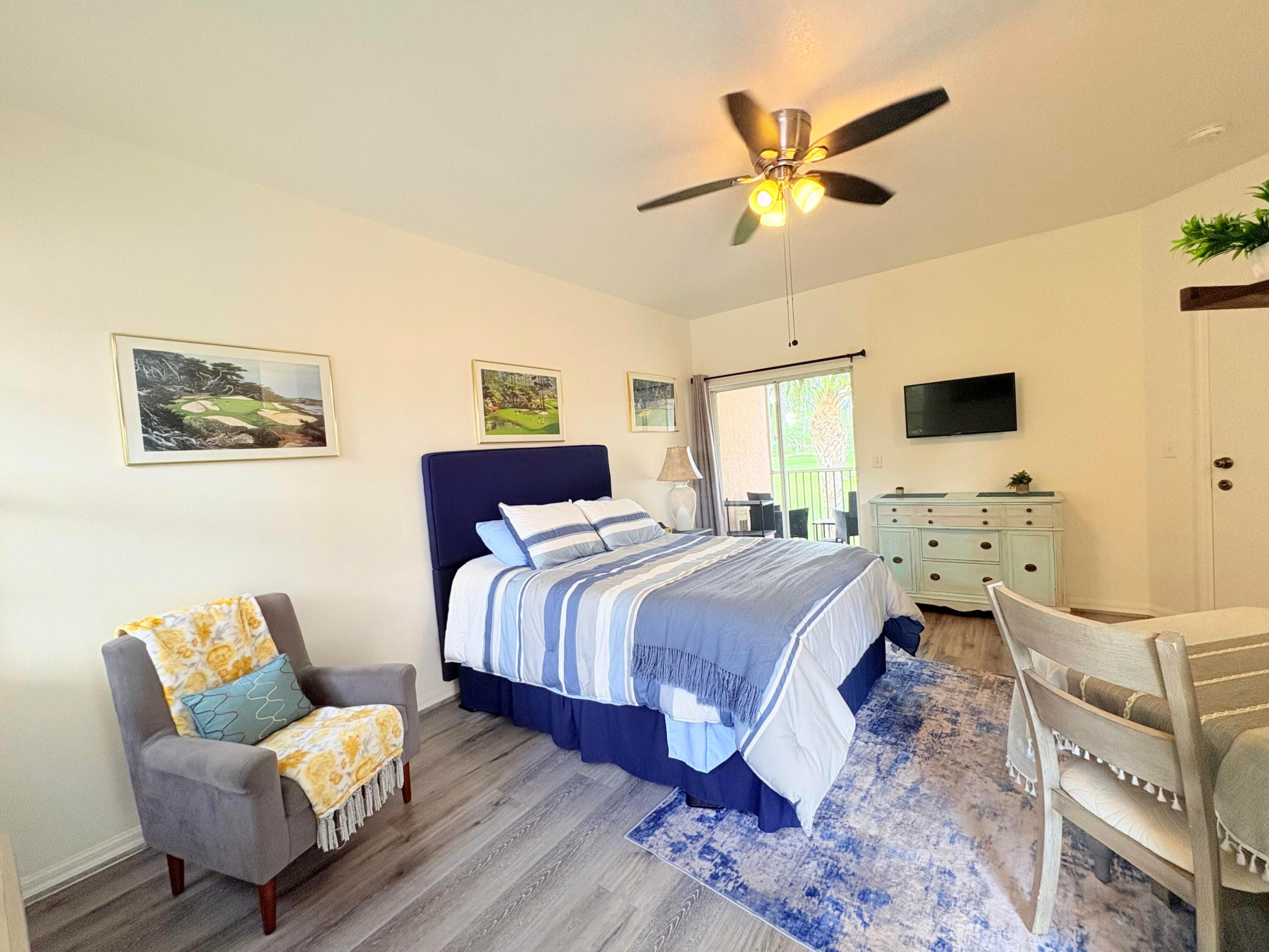 Welcome home! Stunning remodeled, freshly painted, furnished 1 bed 1 bath studio over looking the 12th hole of the Wanamaker for rent. Available 7/15/2026 Golf Villa B Side. Newer floors newer bed, newer fridge, newer microwave, newer toaster, newer shelving system. Across from resort style pool. Electric, Water, Basic Cable TV, Internet included. 50 yards away from the practice greens and within walkable distance to the PGA Village Clubhouse. Close to 95 access, Mets stadium, shopping & restaurants and much much more. Call for showing today!