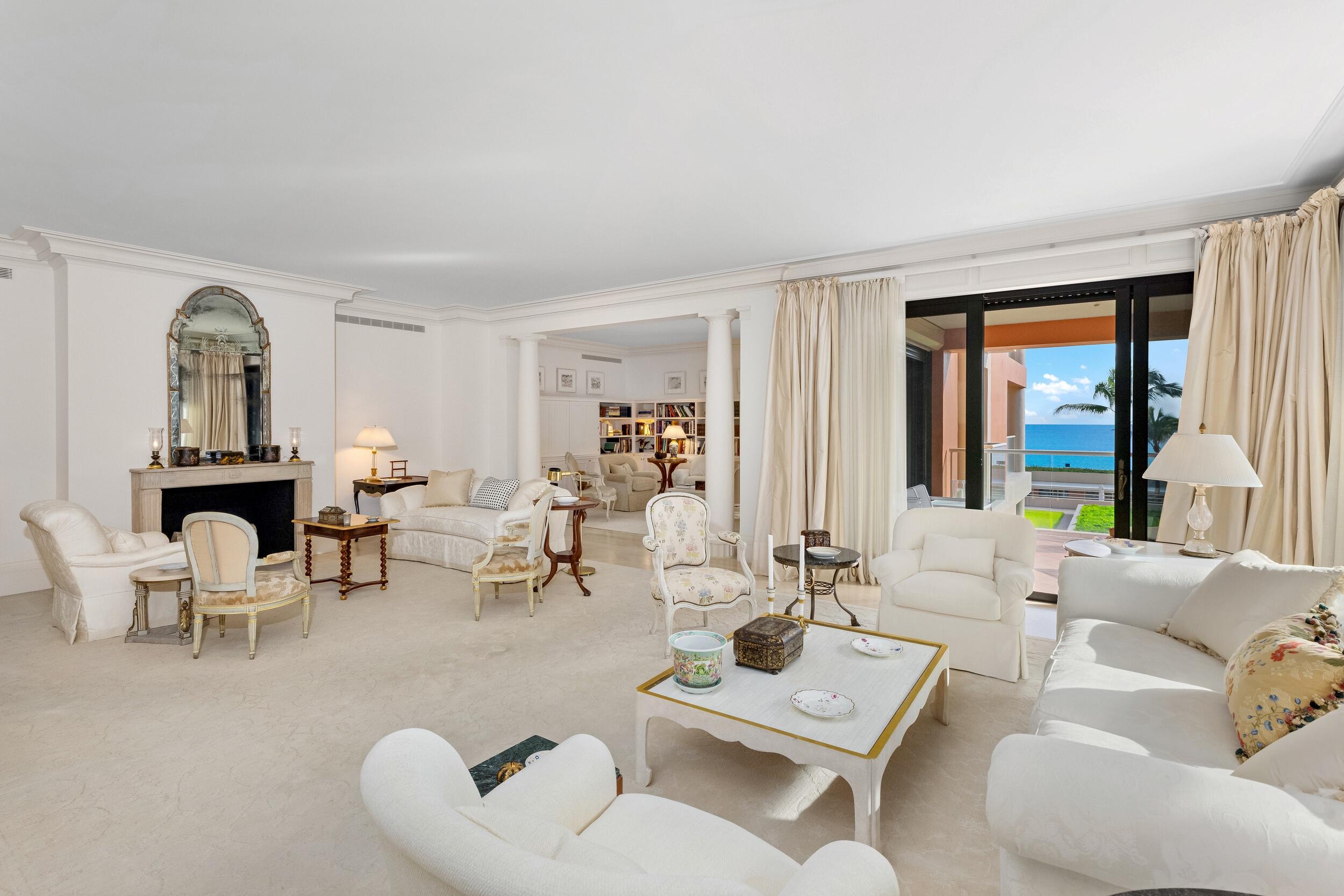 Beautiful, rare double unit in Breakers Row. Spacious apartment featuring 3BR/4.2BA, library, family room, exercise room, and fabulous poolside cabana. Gorgeous ocean and golf course views. Formal dining room with wet bar. Eat-in kitchen with butler's pantry. Primary Suite with large walk-in closet and duel baths. Oversized balconies overlook ocean. Four parking spaces and two storage spaces. Two North Breakers Row is a full service building with on-site manager, manned guard house, resort style pool area, Pilates room, and weight training room.