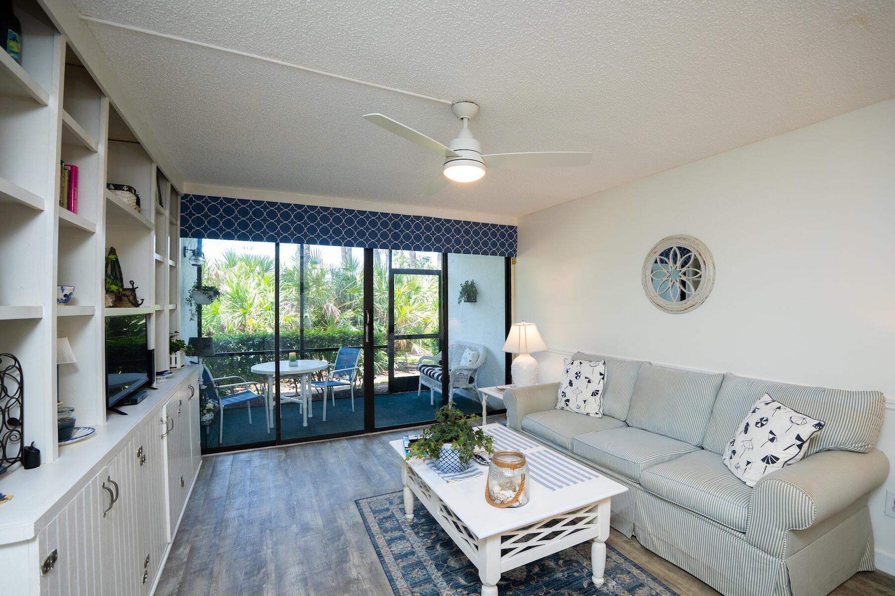 Experience the ultimate coastal lifestyle in this fully furnished 1-bed, 1-bath first-floor condo in the highly desirable Golf Villas at Ocean Village on South Hutchinson Island. This bright 678 sq ft unit offers easy no-stairs access, an open living/dining layout, plantation shutters, wood-look floors, and a private patio. Perfect as a turnkey vacation retreat or permanent paradise with flexible rental options. Located in a 24-hour guard-gated oceanfront community, residents enjoy 3,000 feet of pristine beach, a 9-hole par-3 golf course, heated pools, tennis, pickleball, a fitness center and endless activities.