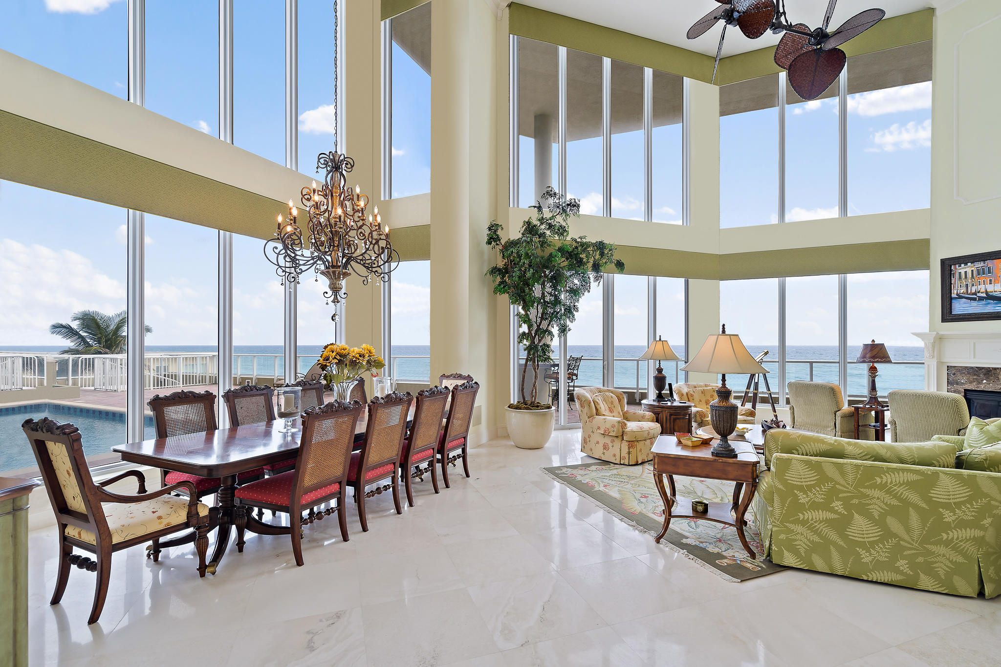 This is truly one of the finest oceanfront condominiums in Palm Beach County.  Upon entry, you will be captivated by The Grand Salon and Formal Dining Room with 23' floor-to-ceiling walls of impact glass directly on the ocean and overlooking the private pool, BBQ area, and beach access – all which are shared by no other unit in the building.  Just around the corner, the professional kitchen has top-of-the-line Wolf, Sub-Zero and Miele appliances, and a breakfast area that provides breathtaking ocean views.  The den with custom built-ins offer the perfect sanctuary for quiet study or relaxation, and the home theatre is customized with a Sony high definition projector, 100'' screen, 8 speakers, and 8 motorized chairs. All four bedroom suites and the family room occupy the second floor which has elevator access and a custom staircase that overlooks the ocean. The master suite sits directly on the ocean with a large bathroom with his and her water closets, dual vanities, and a separate shower and tub.  A Crestron System controls the AV system, 9 security cameras, electric blinds, and three thermostats.  Best of all, this signature property boasts four parking spaces under the building, with one of the spaces being a private garage with storage.

Ocean's Edge luxury amenities include: 24/7 manned and gated entry; on-site manager; concierge in lobby; community pool and deck; state-of-the-art fitness center with lockers and sauna; community theater; and social room with catering kitchen.