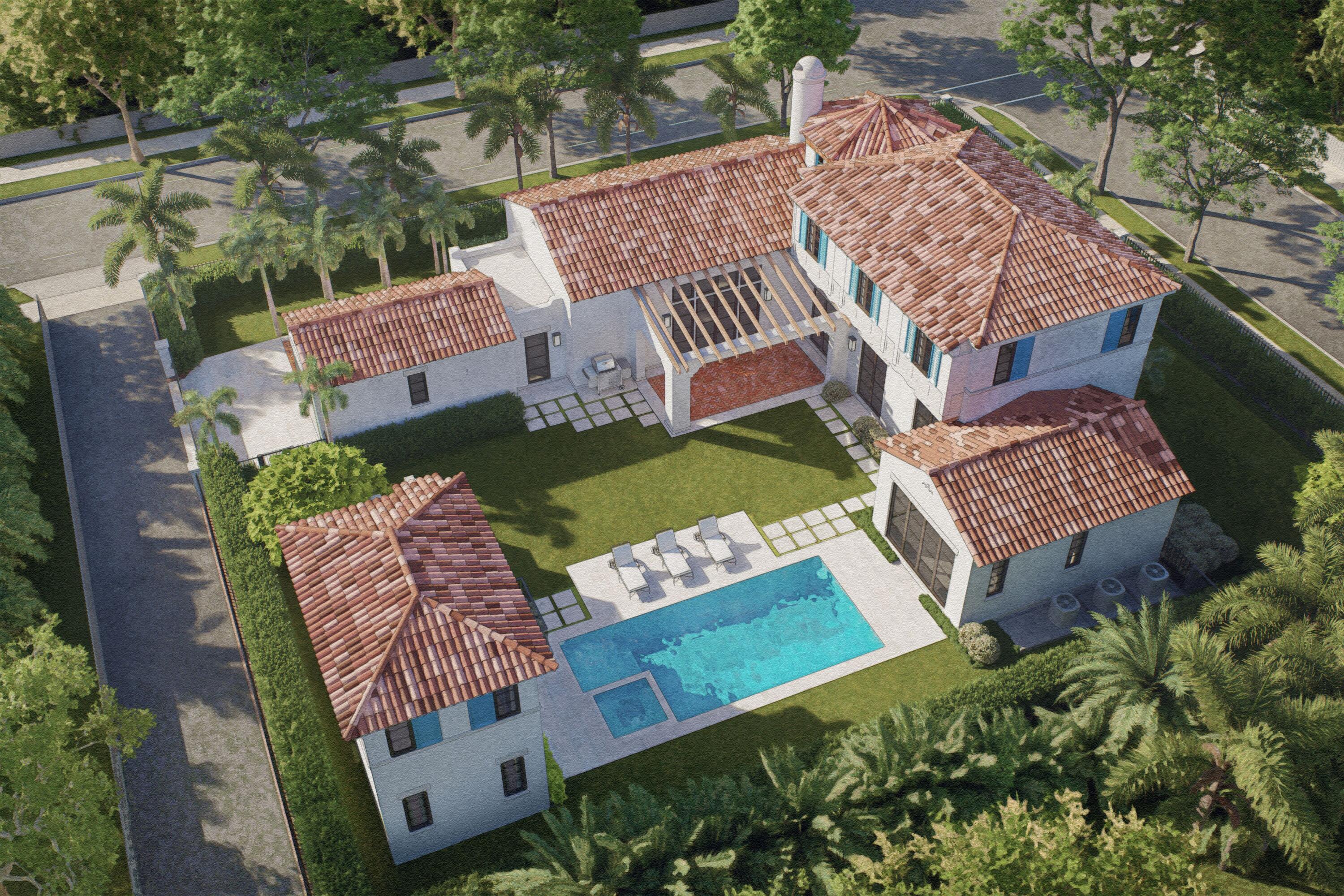 Crafted by award-winning architect Roger Janssen and built by Beno Janssen III, this exquisite pre-construction residence, anticipated for completion Fall 2027, will stand as a rare architectural masterpiece in the heart of West Palm Beach's Old Northwood Historic District—at the prime corner of Spruce Avenue and 35th Street. Honoring the timeless Mediterranean Revival legacy of iconic architects John Volk and Gustav Maass, it blends elegant stucco facades, classic barrel-tile roofing, and arched entryways with refined Santa Barbara Modern interiors: clean lines, open-concept flow, vaulted ceilings, a dramatic circular staircase, star hall, and striking fireplace.  Spanning 4,104 SF under air on this estate-sized 12,000 SF double lot with two separate addresses - a truly rare feature -, this property includes a 3BR/3.5BA main residence (3,552 SF A/C including 275 SF garage) and a detached 2BR/2BA guest quarters (552 SF), totaling 5 bedrooms and 5.5 baths. Enjoy the 15x30 ft heated pool, spa, lush landscaping, driveway, and optional carport.  Old Northwood enchants with quiet, mature tree-lined streets and sidewalks. It features an exceptional collection of Florida Land Boom-era homes, preserved by the West Palm Beach Historic Preservation Board amid a vibrant revival driven by nearby multi-billion-dollar projects, to include the nearby Currie Park.  Priced at $4,850,000—including a $150,000 allowance for minor customizations—this pre-construction opportunity delivers exceptional value at under $1,200/SF under air in one of South Florida's most promising historic-luxury enclaves.  Note: Currently vacant fenced land with 8' closed-in berm, city-approved plans, double open permit for each address, 505 35th St and 3611 Spruce Ave; minor code enforcement lien pending resolution (lot maintenance during permitting, estimated <$17,000). Full disclosures available. ALSO: Located in a federally designated Opportunity Zone, offering potential significant capital gains tax deferral and exclusion benefits for qualified investors.