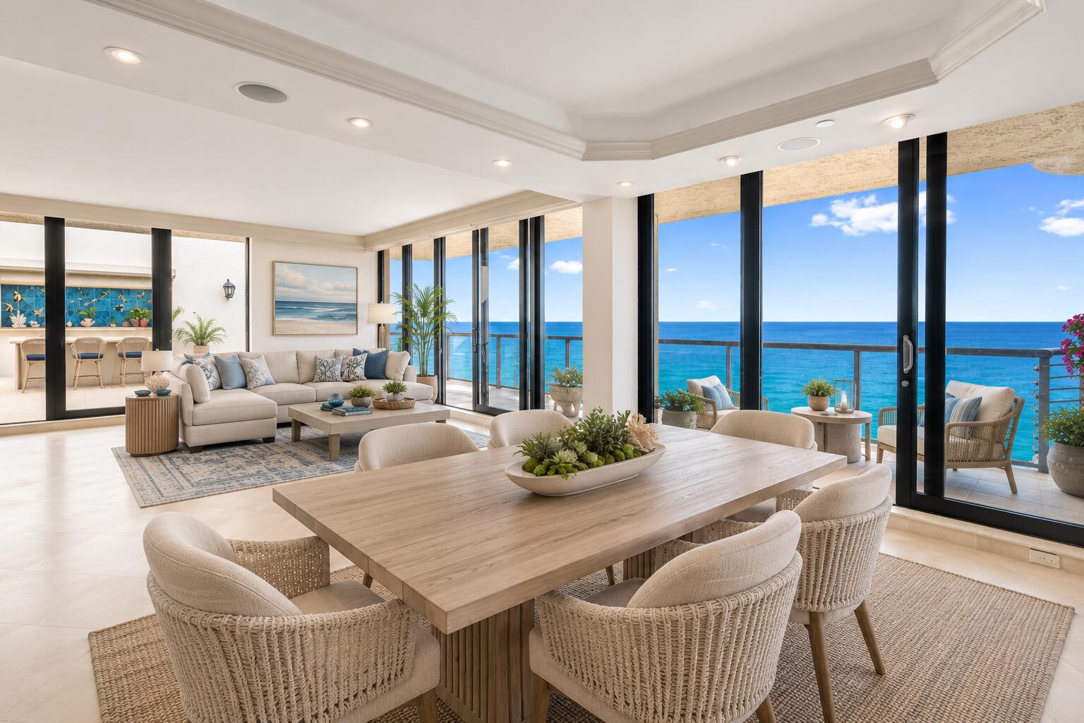 Visit a True Penthouse in a fabulous building, with the most direct and private Ocean & Intracoastal views possible;  a tremendous, private rooftop terrace, and private cabana/bar in addition to fantastic balconies facing both ocean and Intracoastal; offered with multiple large storage rooms for exterior furniture and party supplies; Approx 9ft interior ceilings throughout the large residence; newly installed impact glass door walls offering captivating and private 'forever' water & city views; 2 garage spots; interior storage,  wine locker, beach locker ...fully staffed and newly renovated, elegant building -with best amenities and wide footprint, ample guest parking, excellent fitness center, cabanas and dockage sold separately as avail; walk to fine dining.  Call for a complete list!