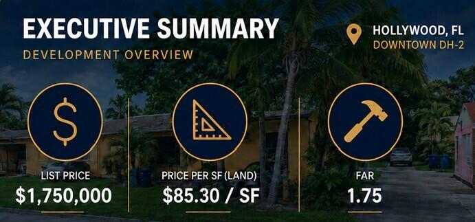 REDEVELOPMENT OPPORTUNITY WITH OWNER FINANCING | 20,515 SF, two parcel assemblage containing a 3plex and a single-family home. It is estimated that the sites highest and best use is a 45 residential development in close proximity to the urban redevelopment core of downtown Hollywood.   For qualified purchasers, the seller will consider providing a purchase money mortgage with a below market interest rate with a 40% down payment.   Hollywood's Urban Renaissance: Why the Downtown Core Is Emerging as One of Broward County's Most Compelling Redevelopment Stories For decades, Downtown Hollywood was overshadowed by Hollywood Beach to the east and the major employment centers of Fort Lauderdale and Miami. Today, that dynamic is changing rapidly.  REDEVELOPMENT OPPORTUNITY WITH OWNER FINANCING | 20,515 SF, two parcel assemblage containing a 3plex and a single-family home. It is estimated that the sites highest and best use is a 45 residential development in close proximity to the urban redevelopment core of downtown Hollywood.   For qualified purchasers, the seller will consider providing a purchase money mortgage with a below market interest rate with a 40% down payment.   Hollywood's Urban Renaissance: Why the Downtown Core Is Emerging as One of Broward County's Most Compelling Redevelopment Stories For decades, Downtown Hollywood was overshadowed by Hollywood Beach to the east and the major employment centers of Fort Lauderdale and Miami. Today, that dynamic is changing rapidly. The city has quietly become one of South Florida's most active urban infill redevelopment markets, driven by public infrastructure investment, transit accessibility, favorable zoning, and a growing pipeline of mixed-use and multifamily projects. More than 3,500 residential units have been approved or are under construction in and around Downtown Hollywood and its major corridors, creating a critical mass that is reshaping the city's urban core.  The subject property provides a $102,600 gross income and a $40,203 NOI.   Positioned in the Path of South Broward's Urban Renaissance Downtown Hollywood has emerged as one of South Florida's most compelling redevelopment markets, offering a unique combination of favorable zoning, strong rental demand, and land values that remain attractive relative to more mature urban cores such as Brickell, Wynwood, Downtown Fort Lauderdale, and Flagler Village. Driven by a growing population of young professionals, healthcare workers, hospitality employees, airport-related businesses, and Miami commuters seeking affordability, the area continues to experience sustained multifamily demand. Combined with the walkability of Young Circle, ArtsPark, downtown dining and entertainment, and proximity to Hollywood Beach, the district offers the lifestyle amenities increasingly sought by today's renters.  Equally significant is the ongoing transformation occurring immediately south along the Federal Highway corridor in Hallandale Beach. As new mixed-use, multifamily, hospitality, and commercial developments continue to reshape Hallandale's urban core, the redevelopment momentum between Downtown Hollywood and Aventura is creating a continuous South Broward growth corridor.