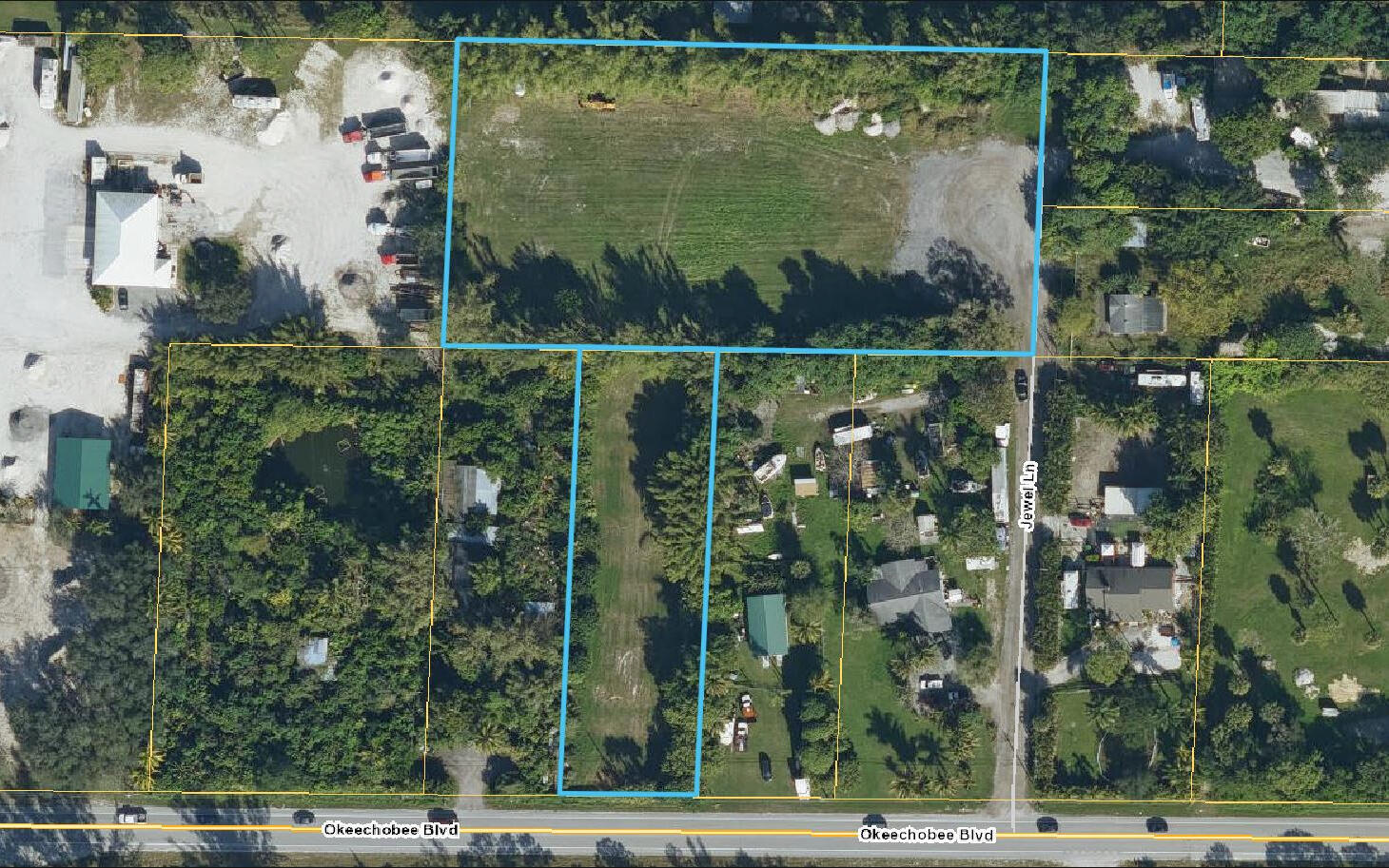 THESE ARE 2 ADJOINING LOTS. THE JEWEL LANE LOT IS IN THE BACK, AND IS 2.23 ACRES. THE OKEECHOBEE BLVD LOT IS 0.76 ACRE, AND HAS ABOUT 70 FEET OF FRONTAGE ON OKEECHOBEE BLVD. BOTH PROPERTIES ARE BEING SOLD AS ONE PARCEL. ACCESS BOTH LOTS BY JEWEL LANE. THE OWNER HAS PARTIAL APPROVAL FOR A 5,000 SQ FT AGRICULTURAL BLDG, WITH AN ADDITIONAL 1,800 SQ FT OVERHANG.