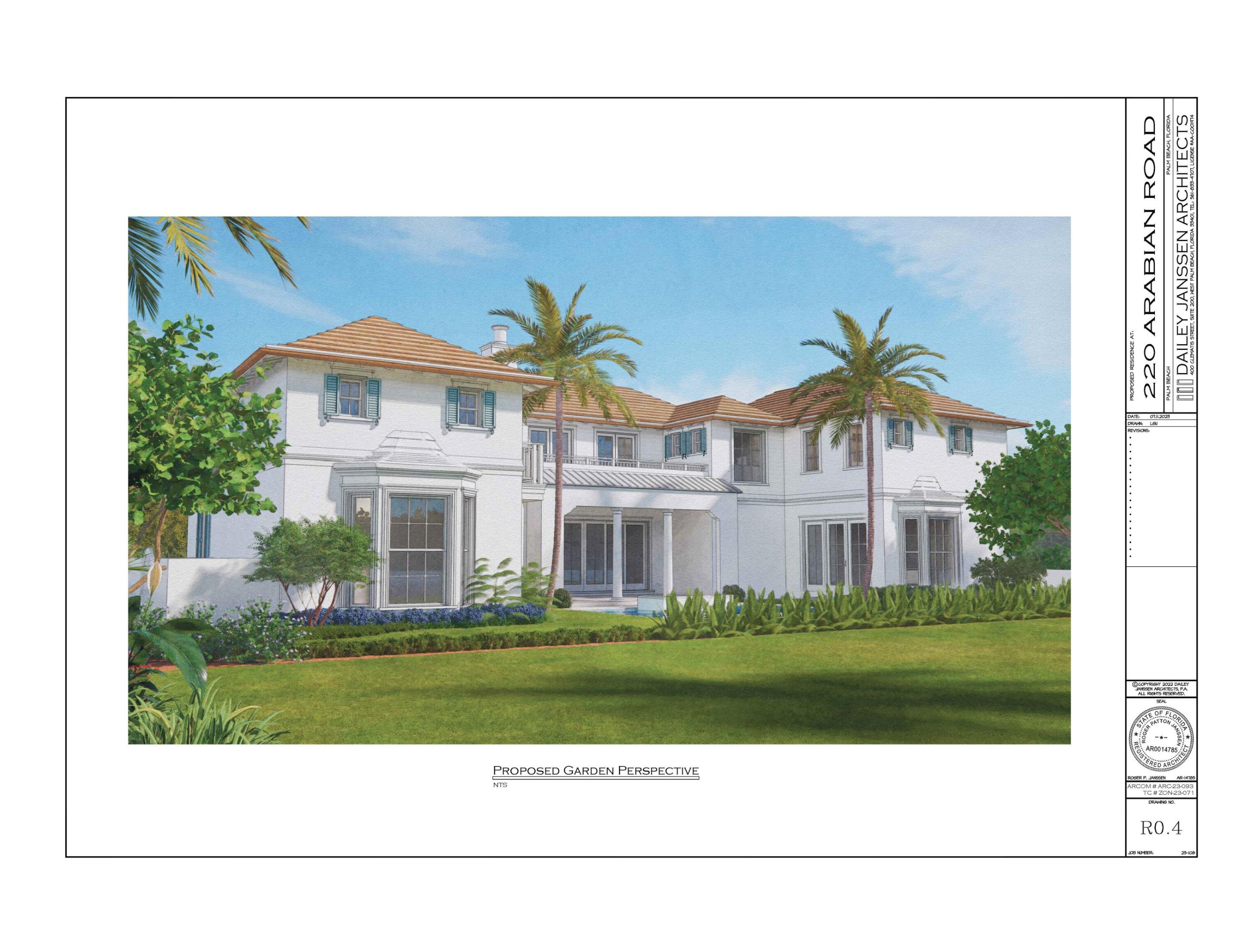 Rare opportunity for a custom build in Palm Beach's north end with approved ARCOM plans. Price listed is for Land only.  Architect Roger Janssen has envisioned a beautiful and thoughtfully designed 6BR/7BA home on this quintessential north end street.  Approximate square footage is 4,557 total and 3,711 under air which excludes the garage. Total enclosed is approx. 4,997 which includes 440 sf for garage. Arabian also includes beach access to one of the deepest/most pristine beaches on PB island. This is a rare opportunity you don't want to miss.