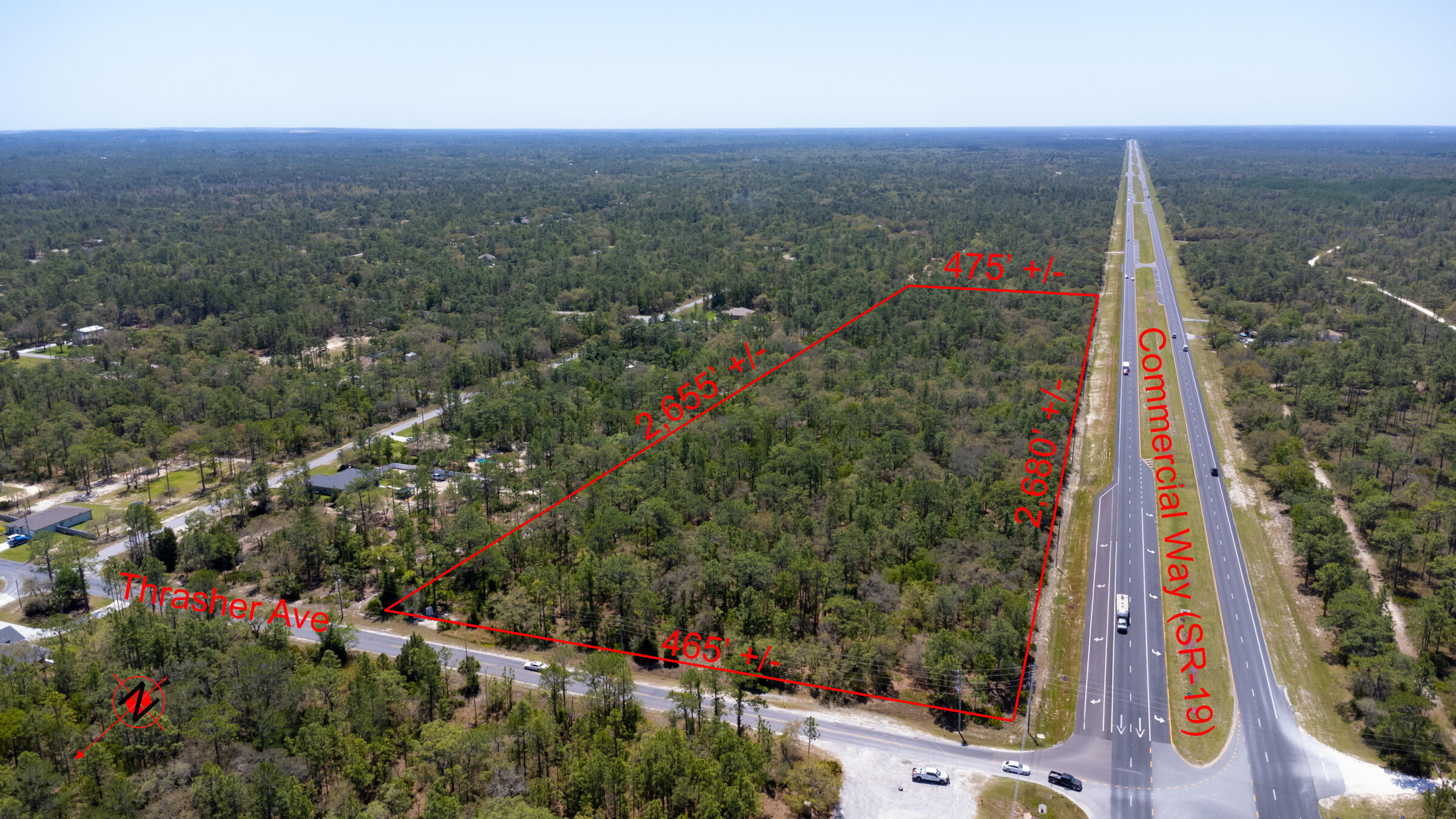 Rare investment opportunity - great for buyers, developers, builders and investors seeking location, value and future growth potential. This 31-Acres of Prime Florida Opportunity Land - Highway Frontage with Deceleration Lane and Endless Potential is Situated at the highly visible corner of Thrasher Avenue and US Highway 19 (Commerial Way Road). Featuring approximately 2680 feet of frontage, deceleration lane, a strategic corner location, High- visibility location with strong traffic counts, minutes' drive from shopping, restaurants, services, and development communities. Current county records indicate LAND USE- 99 ACREAGE NOT CLASSIFIED, R1C zoning w/permitted residential uses and potential development opportunities subject to zoning approval. BUILD NOW OR SECURE AN EXCELLENT INVESTMENT!
