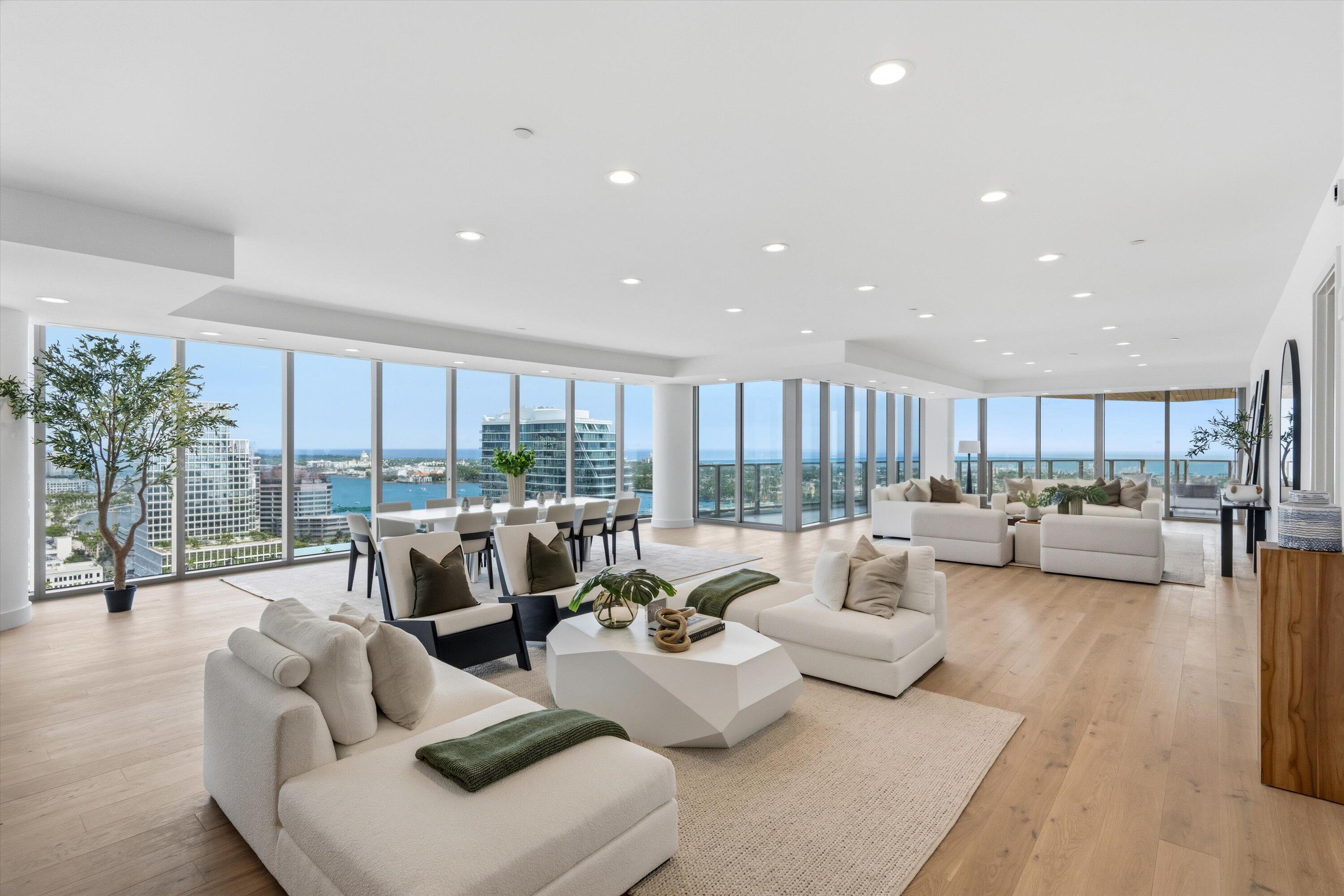 Experience the pinnacle of luxury living at Forte, West Palm Beach's newest and most prestigious waterfront address. Located on the 22nd floor, this unit offers unobstructed Northeast/Northwest panoramic views of the city's skyline, Intracoastal Waterway, and the Atlantic Ocean. This home features Italian custom kitchen and bath cabinetry, Sub-Zero® and Wolf® appliances, and Waterworks® fixtures. The master suite boasts his and her vanities and spacious walk-in closets. With a private elevator foyer, soaring 9' - 10' ceilings, and only two residences per floor, privacy and exclusivity are paramount. Residents enjoy five-star amenities including a 75' lap pool, his and her spas with steam, sauna, and private treatment rooms, a state-of-the-art fitness center and yoga studio, business center, and two furnished guest suites. Forte offers 24-hour concierge, valet, lobby attendant, house cars, and EV charging stations for ultimate convenience.