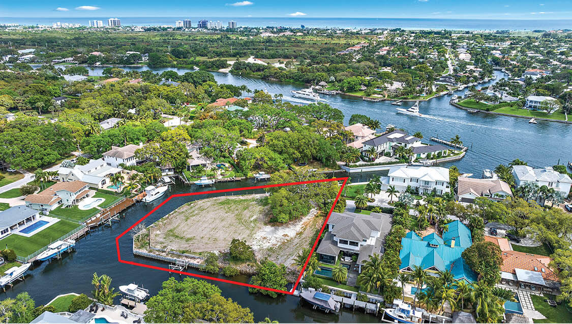 Located just off the Intracoastal this acre + vacant lot offers a safe harbour with 400' of frontage, NEW sea wall, two docks & an 8,000lb boat lift. Build your oversized dream home here, zoning allows for a 20,000 sq ft + estate.

Plans available to build home in renderings.