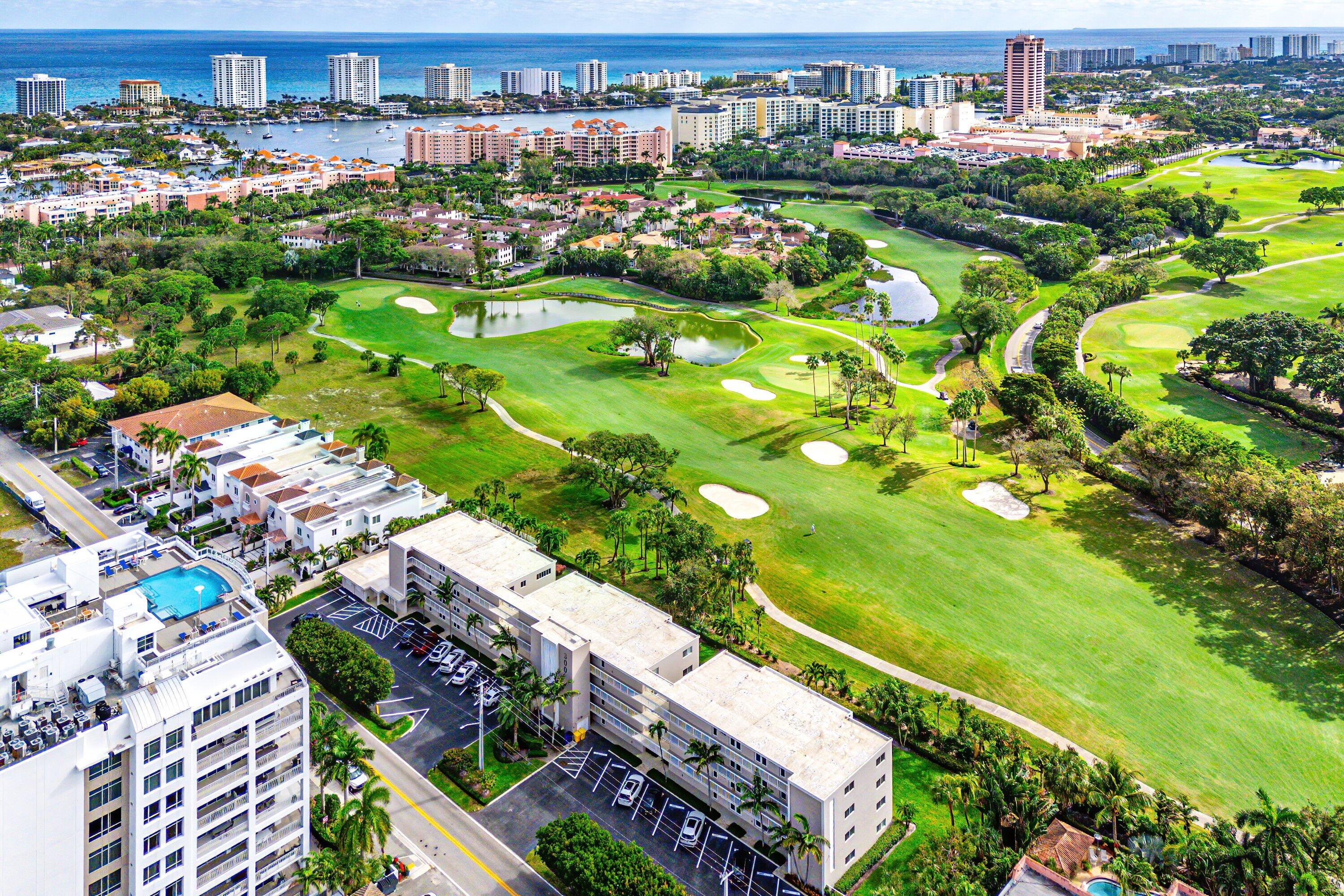 Exceptional Condo with Breathtaking Golf Course Views in Prime Downtown Boca Raton Location! Enter this third-floor unit through the double glass front doors, into the entry foyer leading to a bright and airy open floor plan. Central to the condo is an updated open kitchen, featuring, stainless steel appliances, a pantry and bar stool seating. The marble floored living area features floor-to-ceiling windows and sliding glass doors that frame the spectacular golf course views. Impact glass throughout for all windows and doors. The condo boasts two spacious bedrooms and a primary bedroom with an updated bathroom and large walk-in closet. Other features include crown molding, plantation shutters and an in-unit washer/dryer. This condo is a rare gem combining upscale living with the unmatched  Application required with personal Interview - there is a special assessment that will be paid in full by the seller at or before closing.  The building is currently undergoing some exterior renovations / repair / repainting and the front is a bit messy - this project should be completed approx. August.  The golf course, which is owned by The Boca Raton hotel, is undergoing renovation and being completed overhauled - the schedule on that is to be completed in the fall and the gorgeous green golf course view will be back!