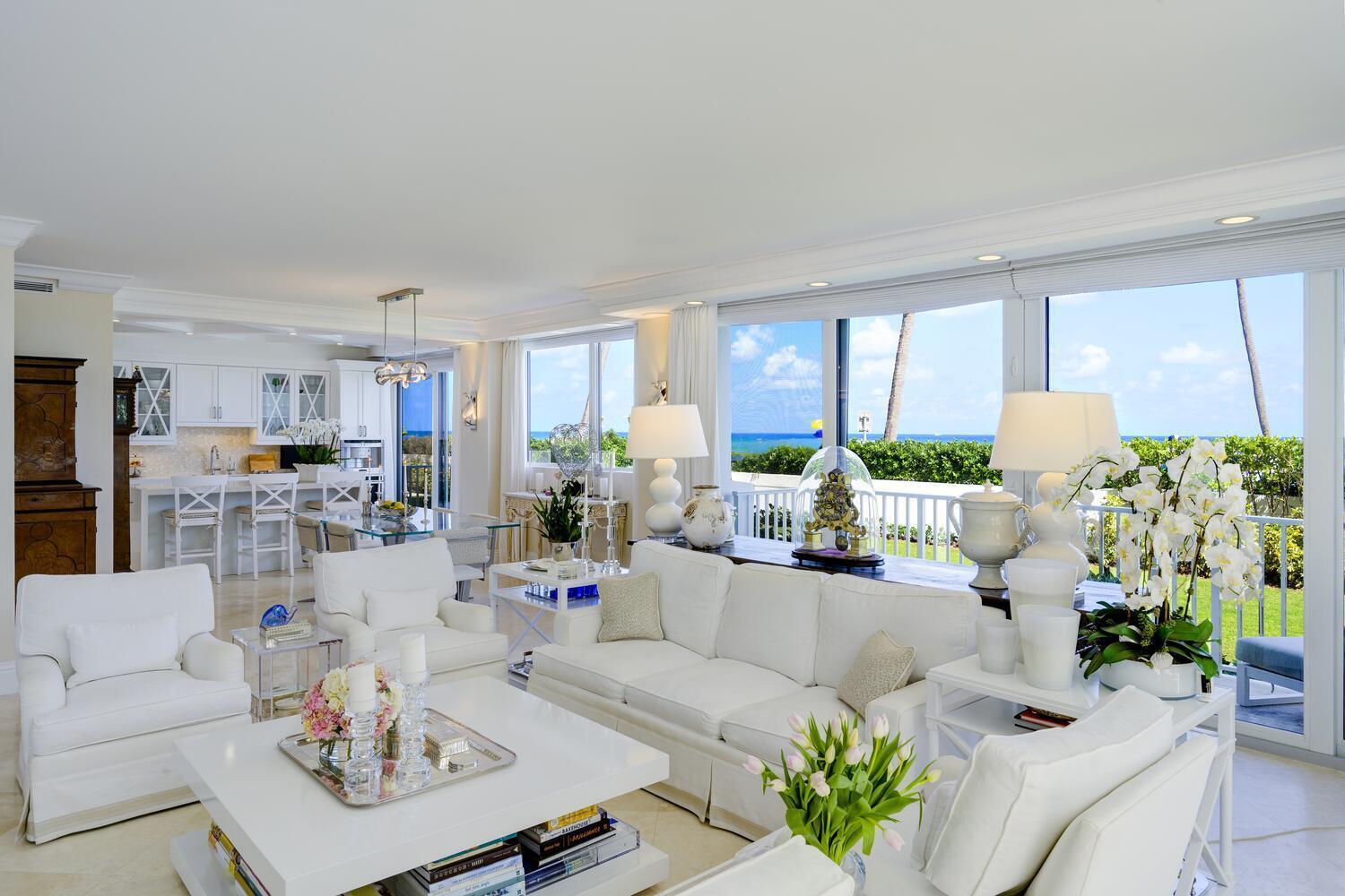 Rare, first floor condo with 3/3/1/2 baths with stunning direct ocean views. This totally renovated unit was done to perfection with the finest of finishes. The open gourmet kitchen is equipped with top tier appliances and beautifully appointed. This condo lives like an in town home with its two private terraces and gardens. The terraces and gardens are a limited common element for the exclusive use of the owner in 1C. It's like having your own front and back yards. Ideal for pets. Landscaping was recently redesigned by Fernando Wong with Florida native trees. 330 South Ocean is a premier full service building with a full time manager, pool, exercise room, community room with kitchen for special events and a full building generator. There are 2 assigned covered parking spaces, side by side. Unit also comes with two additional small storage spaces. Building renovations are nearly completed. A few minute walk to famed Worth Avenue, town marina, restaurants and art galleries galore. There is currently a quarterly reserve assessment in the amount of $3,868.30 The best sunrise views in town.