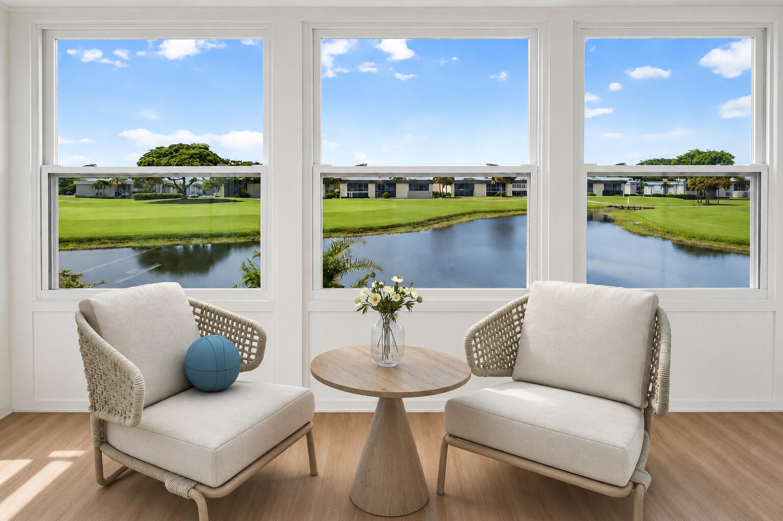 Stunning Fully Renovated 2-Bedroom, 2-Bath Condo with Spectacular Golf & Water Views in   the highly desirable 55+ community.  Enjoy breathtaking golf course and water views from the enclosed, air-conditioned balcony with full glass windows. This move-in-ready home features a stunning kitchen with white shaker cabinets, glass inserts, granite countertops, and all-new stainless-steel appliances. Wood-look ceramic tile flows throughout the entire home. Both bathrooms have been completely remodeled with designer tile finishes. Plantation shutters add elegance throughout. Spacious laundry room with full-size washer and dryer plus additional storage closet. Building features a lift for added convenience. Kings Point offers resort-style amenities including a spectacular clubhouse, golf, pools,  , fitness center, theater, clubs, social activities, courtesy bus service to shopping and local destinations, and easy access to major highways. Enjoy maintenance-free living in one of South Florida's most active adult communities!