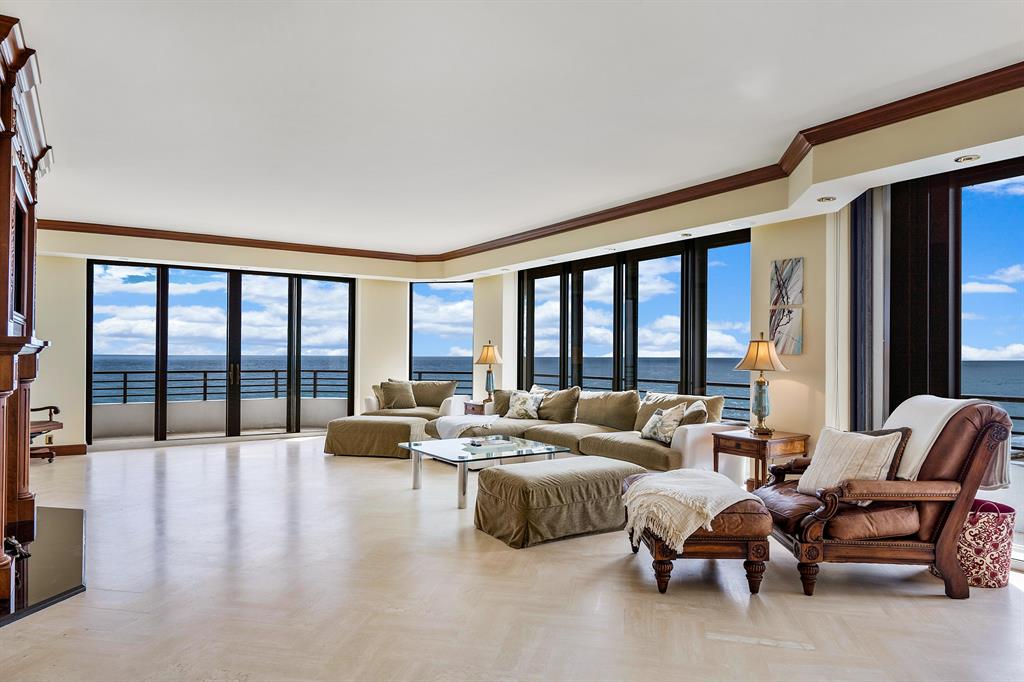This 4,619 square foot Penthouse offers THE MOST REMARKABLE Ocean and Intracoastal views anywhere on South Ocean Blvd. It has been totally renovated with impeccable taste and the warmth of a classic Palm Beach residence. There is 1,000+ square foot south facing balcony that is 18 feet deep in areas and is absolutely perfect as an outdoor living room. Inside, there are magnificent marble floors, 9'6'' ceiling heights and hurricane impact glass. The Hampton is a full service luxury oceanfront building. It has 24/7 gatehouse, doormen, 2 car garage parking, tennis, a state-of-the-art fitness center and is PET FRIENDLY. This unit comes with a coveted poolside cabana.