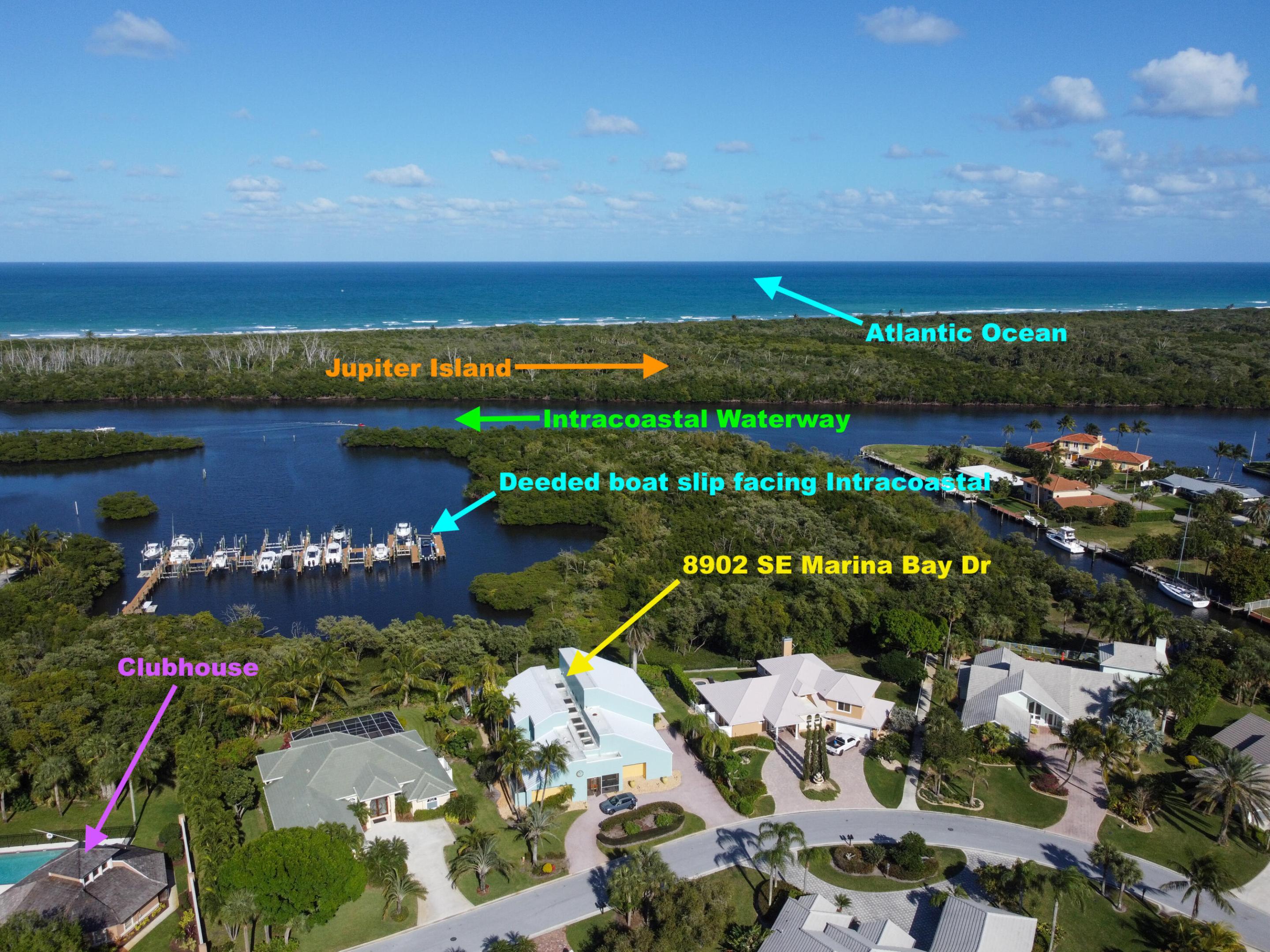 Designed by architect Brian Shores, this Intracoastal waterfront home sits in the gated Marina Bay community of Hobe Sound. STUNNING water views from nearly every window, with expansive screened porches that put the Intracoastal center stage. A rare, peaceful setting bordered by state and national parks — exceptional privacy and abundant wildlife, and Peck Lake just minutes away. Watch ospreys, herons, and shorebirds from your porch while Jupiter Island shields the property and ocean breezes drift across the water. Direct water access via newly installed 16,000 lb boat lift, jet ski lift, and deeded boat slip — minutes to the St. Lucie Inlet. Oversized saltwater pool with lap lane and pool house. Over 5,000 sq ft AC / 8,000 total sq ft with EV charging. Costco, Whole Foods 20 mins away.
