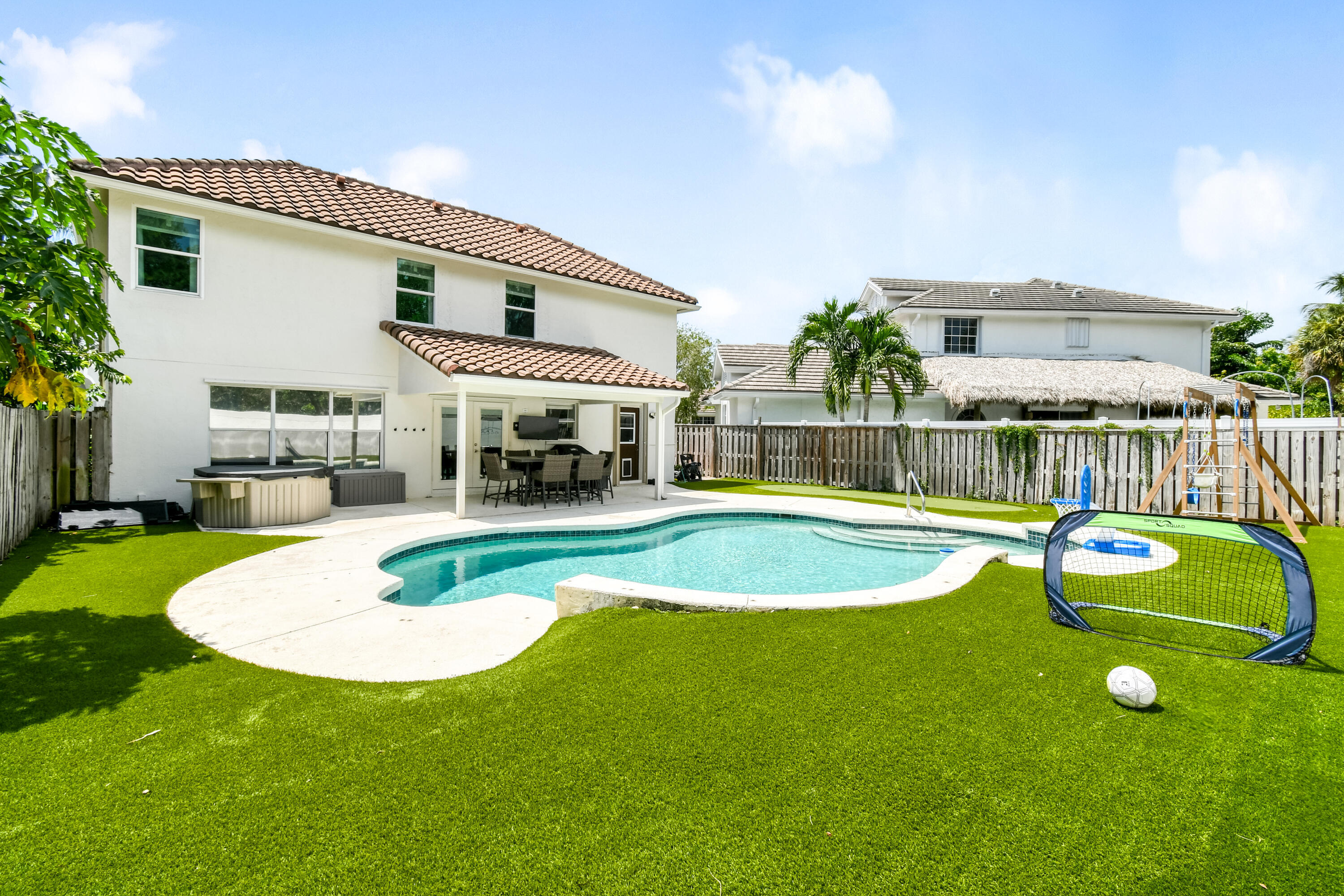 Experience the quintessential Florida lifestyle in this beautifully maintained CBS-constructed pool home located in the gated community of Stonebriar. Offering 3 bedrooms, 2.5 bathrooms, and 2,293 A/C sq ft, this residence combines comfort, style, and peace of mind. From the moment you step inside, the home feels effortlessly move-in ready. The newly renovated kitchen shines with modern stainless-steel appliances, while custom closet built-ins and smart design details add both functionality and sophistication. A 2015 roof and full hurricane protection ensure long-term value and security. Outdoors, enjoy the very best of Florida living with your private pool with cabana bath and artificial turf backyard—perfect for relaxing under the covered patio, sun bathing, or hosting parties.  Inside and out, the home has been designed for an easy, low-maintenance lifestyle so you can spend more time enjoying everything Jupiter has to offer. Stonebriar is an intimate community of just 97 homes, where residents enjoy a community pool, tennis, pickleball, and basketball courts, all just minutes from Jupiter's pristine beaches, golf courses, shopping, dining, and top-rated schools. Whether as a full-time residence or seasonal retreat, this home represents an incredible value for a move-in ready pool home in Jupiter, FL—a rare opportunity to embrace the relaxed, active, and sun-soaked Florida lifestyle.