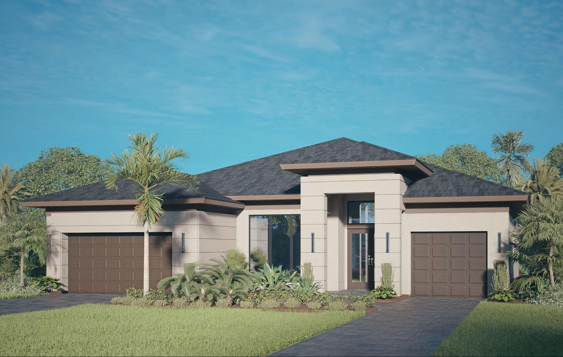 Currently under construction and scheduled for completion by end of 2026, this beautifully appointed contemporary home in Tesoro Club offers modern architecture, functional spaces and elevated finishes. By GHO Homes, on a cul-de-sac homesite, it features 3 beds, 3.5 baths, club room and split 3-car garage. Dramatic double-door entry opens to a bright great room with built-in bar and wide sliders to a covered lanai. Dining with tray ceiling. Kitchen: quartz counters, full quartz backsplash, oversized island, prep pantry and Profile appliances (42" fridge, 36" gas cooktop). Secluded primary suite with walk-in closet, split vanities, soaking tub and walk-in shower. Covered lanai overlooks custom pool with travertine decking.