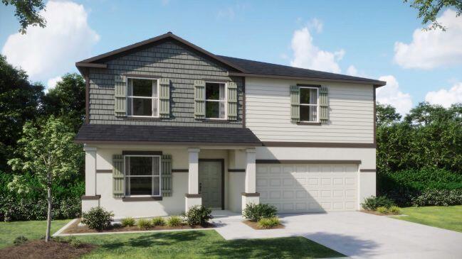 Pre-Construction. To Be Built. Experience the best of Port St. Lucie's vibrant Treasure Coast lifestyle in the Melbourne, a spacious two-story home that combines modern design, energy-efficient construction, and exceptional living space. Surrounded by the city's renowned outdoor recreation, scenic waterways, PGA Village, and year-round sunshine, this thoughtfully designed residence delivers the comfort and functionality today's homeowners are seeking.  A covered front porch and professionally landscaped homesite create an impressive first impression. Inside, the welcoming foyer leads to a private den with glass French doors, providing a versatile space for a home office, study, or media room. A convenient half bath with a pedestal sink is positioned nearby.  The main living area opens into a bright and airy great room, dining area, and chef-inspired kitchen, creating a seamless flow ideal for everyday living and entertaining.  The kitchen features granite countertops, a large center island, stainless steel appliances, abundant cabinetry, and generous prep space. Ceramic tile flooring extends throughout the main living areas, adding style and durability.  Upstairs, the owner's suite serves as a peaceful retreat with a spacious walk-in closet and a luxurious en-suite bath showcasing dual granite-topped vanities and an oversized tiled shower. Four additional bedrooms, a centrally located full bath, lots of storage, and a second-floor laundry room provide outstanding functionality and flexibility.  Outdoor living shines with an extended rear patio overlooking beautiful views, creating the perfect setting for relaxing or gathering with guests. The two-car garage provides ample parking and storage space.  Additional highlights include Energy Star windows, durable hurricane shingles, a Smart Home Package featuring a Ring Video Doorbell, Smart Thermostat, Keyless Entry Smart Door Lock, and Deako Smart Switches, plus a full builder warranty for added peace of mind.  Combining spacious interiors, modern finishes, smart technology, and energy-efficient features, the Melbourne is a standout opportunity to enjoy everything that makes Port St. Lucie one of Florida's fastest-growing destinations.