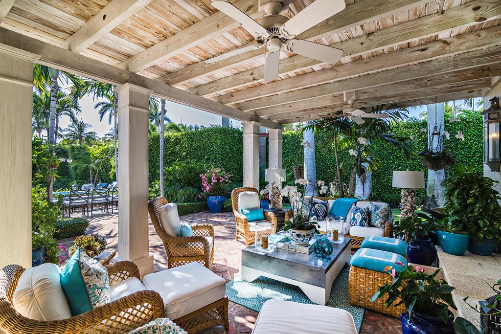 A very sophisticated Palm Beach Bermuda house. Beautifully restored. This 4BR/4.1BA home sits on 18 ft. of elevation on a quiet cul-de-sac street. The outdoor garden was designed by world famous landscape designer, Mario Nievera and includes exceptional outdoor lighting. The interior of the house was designed by noted interior designer, Kim Coleman. The house lends itself to entertaining with an outdoor covered loggia, a terrace overlooking the pool for outdoor dining and barbecue. This sun-filled house has both vaulted,coffered and tray ceilings throughout. Improvements include custom hurricane impact windows & doors that were installed in 2017. Improvements include invisible speakers and new Lutron lights, replaced the air-conditioning units with the most modern system including air filtration and humidity control. Sonos system and internet infrastructure completely updated. Additional feature includes over sized two-car garage.