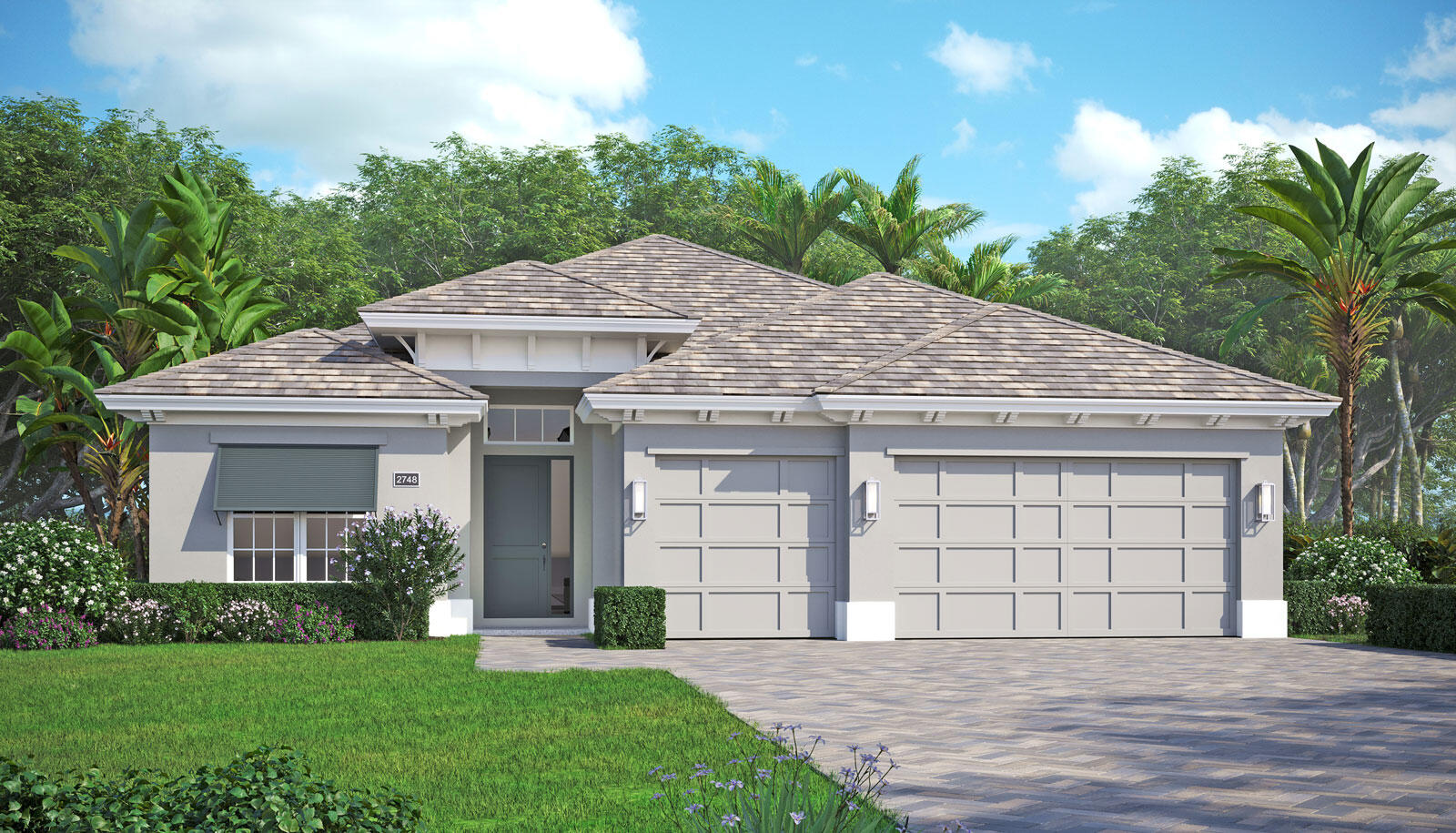 Home includes a private salt water pool with 3 waterfalls, screen enclosure and pool deck the full width of the home! Home upgrades: Coastal elevation, GE Profile appliance package, kitchen backsplash,  kitchen convenience package which includes silverware drawer,  double trash rollout shelves, 2 base cabinet rollout shelves, kitchen island panel knee wall, upgraded quarts countertop in kitchen, Pelican single bowl granite kitchen sink with upgraded champagne bronze faucet, pair of pocket doors at the den entrance, pocket door at 3rd bedroom hall creating a private suite, shower tile to ceiling in all bathrooms, additional hi hat lighting added throughout the home, floor outlet in great room, prewire for  rear patio TV package, porcelain wood look plank tile throughout the home.