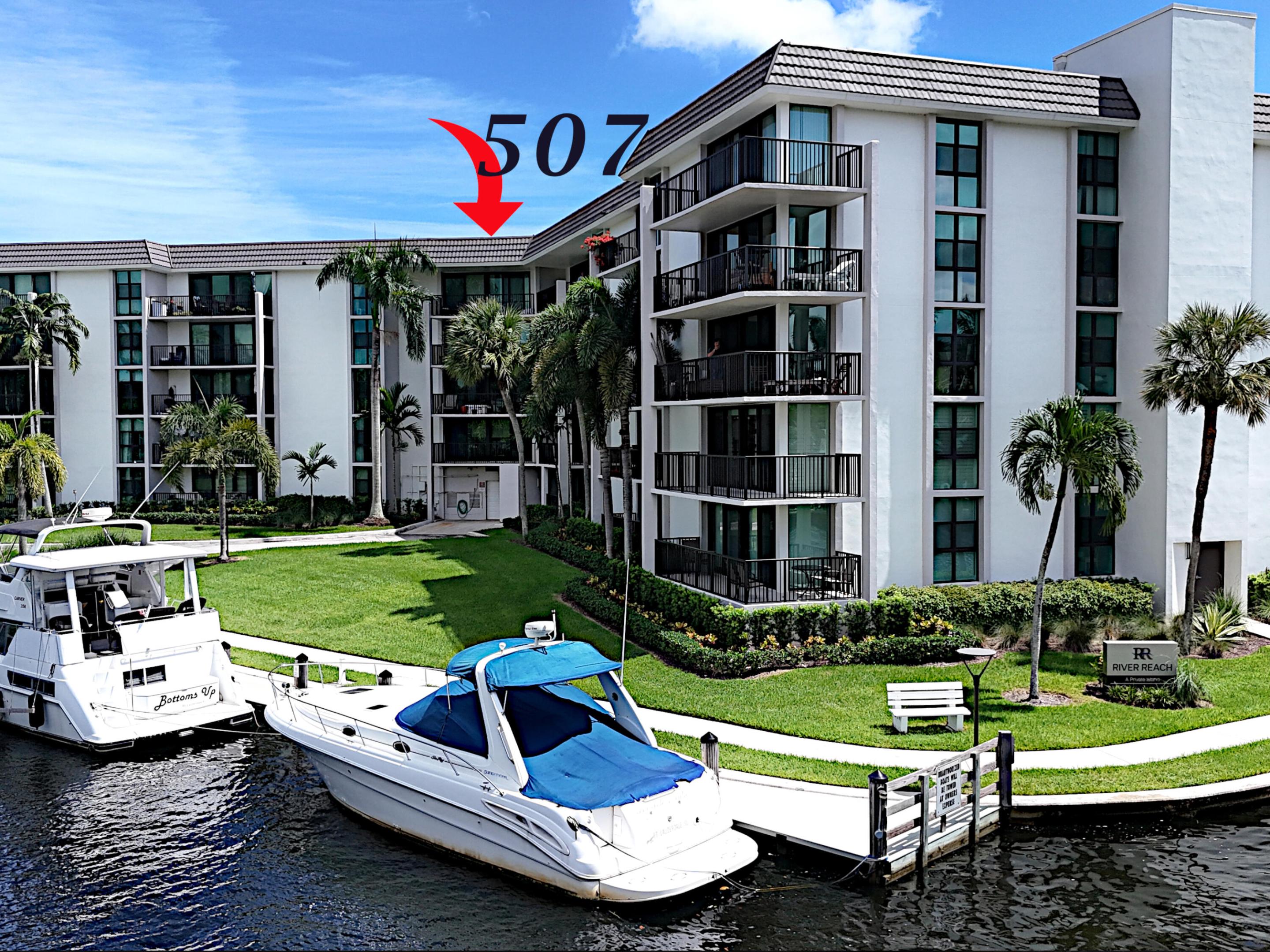 Direct riverfront - top floor - spectacular balcony views. Look down river towards the "wiggles". The premier location on the River Reach Island. Amazing views and a daily boat parade along the South Fork. River views from every window. Floor to ceiling impact windows and sliders. Large covered balcony Interior corner unit, 900sf, 1 bed - 1.5 bath floor plan. Open kitchen. Cozy bedroom suite with great views! Large walk-in closet - Boat dockage is offered to owner residents at about $40 per ft - per year for boats up to 50' OAL (when available) No fixed bridges to the Intracoastal Waterway and the Atlantic via the scenic New River. River Reach is a quiet, gated tropical island community. Amenities : Club room, Fitness center, 3 pools w / BBQ grills , 2 tennis courts - Pickleball