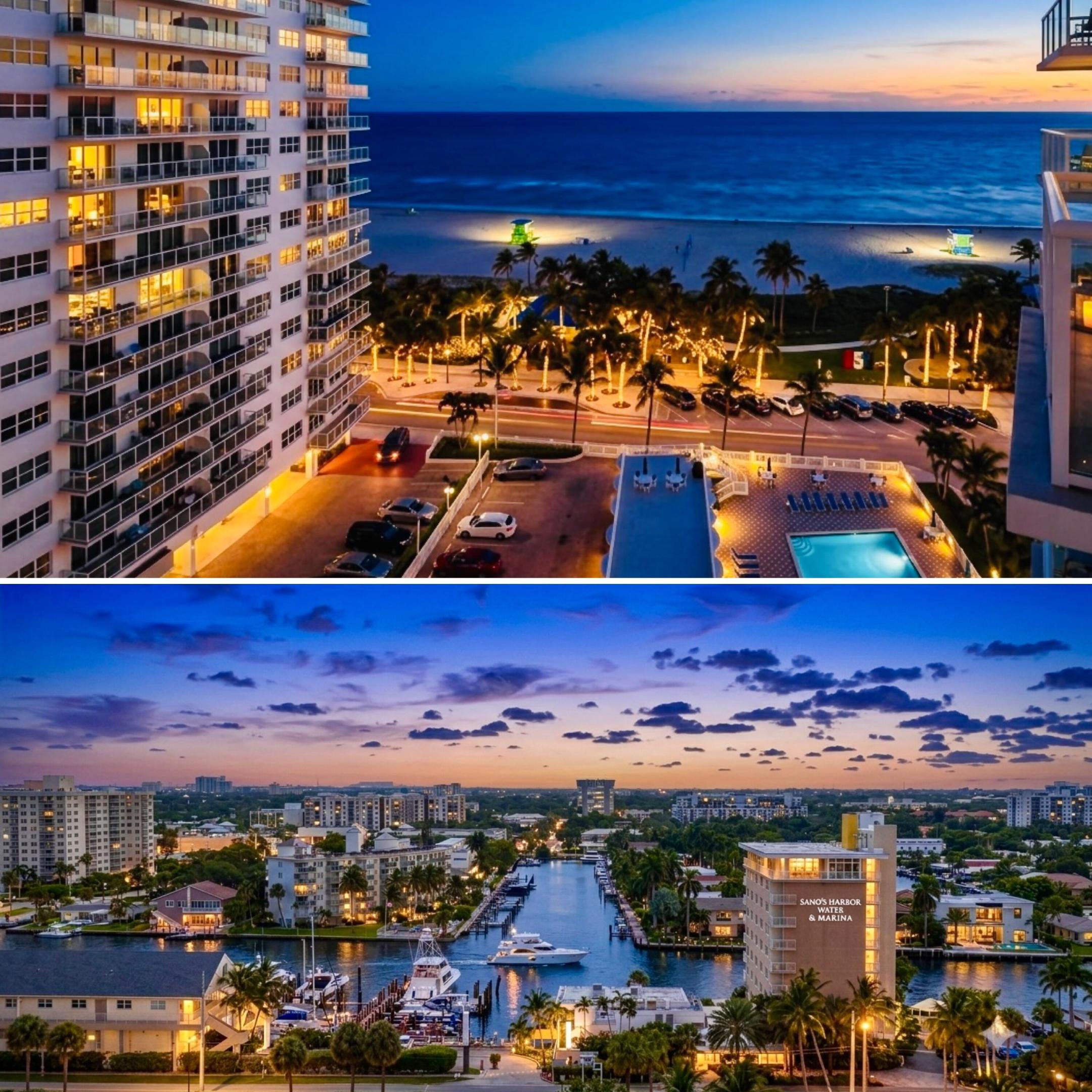 Experience the ultimate coastal luxury lifestyle in this spectacular ASSESSMENT FREE, two-bath condo boasting panoramic ocean and intracoastal views from nearly every angle. From the moment you step onto the catwalk entry, you're greeted with stunning sights of the intracoastal waterway and the Fort Lauderdale skyline. Inside, hurricane impact windows frame the paradise sceneries. Step out onto your spacious balcony to view the beach, fishing pier, and pool below. You'll enjoy resort-style living with direct beach access, a gym, and a library, all within walking distance of waterfront dining, markets, Tiki bar, outdoor beach gym, kids park and boutiques just steps away!