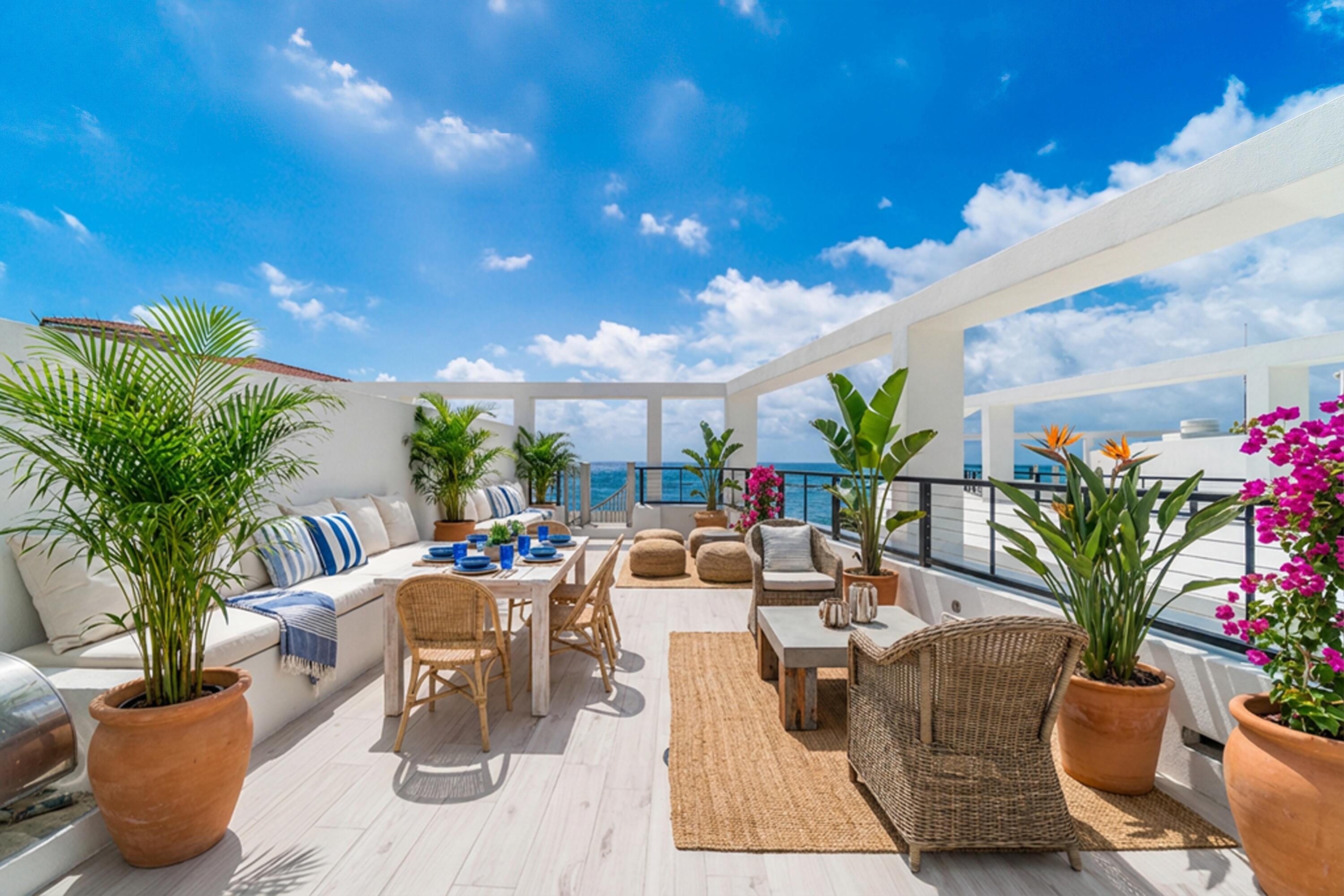 Enjoy sweeping south-facing views of the Palm Beach Inlet's crystal clear waters and Atlantic Ocean from this bright, modern Penthouse residence in Ocean 18, a boutique luxury building in Palm Beach Shores, known as the best little town in Florida. This 2-bedroom plus den (optional 3rd bedroom) features a rooftop deck, fine finishes, a private elevator entry, impact glass, custom closets, a chef's kitchen with designer backsplash, and a stunning roof deck patio perfect for entertaining. Additional highlights include a spacious private balcony, covered garage parking, and a large storage unit. Amenities include a heated resort-style pool, fitness center, and secure entry. Just steps to the town's own private beach, inlet walkways and parks, Sailfish Marina, and nearby dining and shopping
