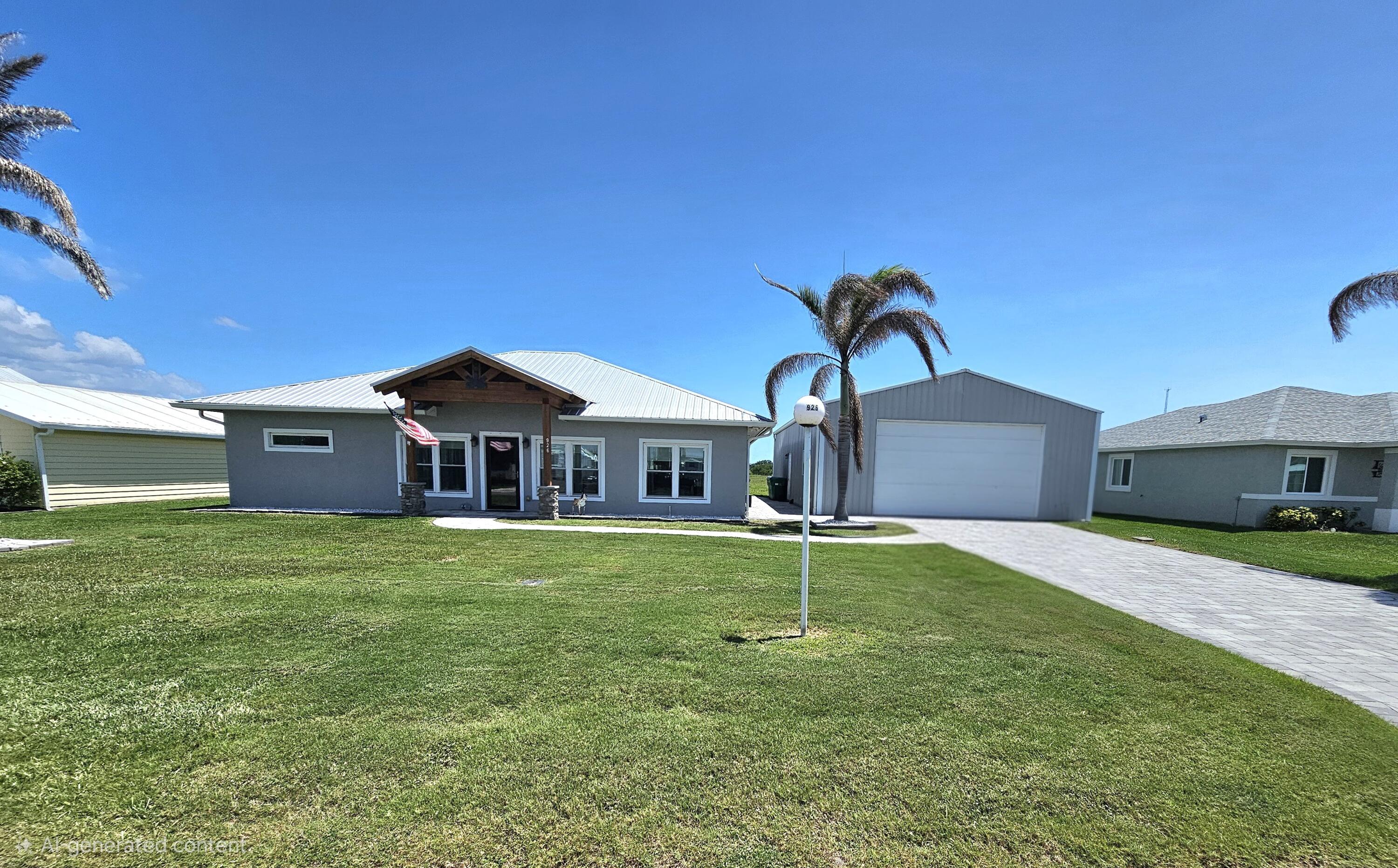 PARADISE IN PALM VILLAGE RANCH! Exceptional 3Bd/ 3Ba/ 4 Car Garage, CBS home with 50 X 30 Metal building and concrete driveway. Durable Metal roof. Hurricane Impact windows provide added storm protection and peace of mind. Split floor plan with open-concept living design and vaulted ceiling. Vinyl wood flooring throughout. Bright recessed high hats lights and ceiling fans for added comfort and style. Stylish kitchen equipped with granite countertops, upgraded appliances, and custom soft-close cabinets, including a large kitchen island and very spacious pantry create the perfect setup for cooking and entertaining. Elegant and comfortable Master suite with private sliding door access to the backyard and scenic views. Oversized master bath featuring double shower heads and a Jack-and-Jill  style dual vanity. Big outbuilding 50' x 31' with an interior office, half bathroom, and durable metal construction including roof allow ample storage for your boat. Enjoy peaceful gatherings on the screened back porch overlooking breathtaking panoramic views. Lush Florida palms. HOA/ 73mo, Community pool, Gated. DREAMS DO COME TRUE! Dimensions are approximate, must measure for exact