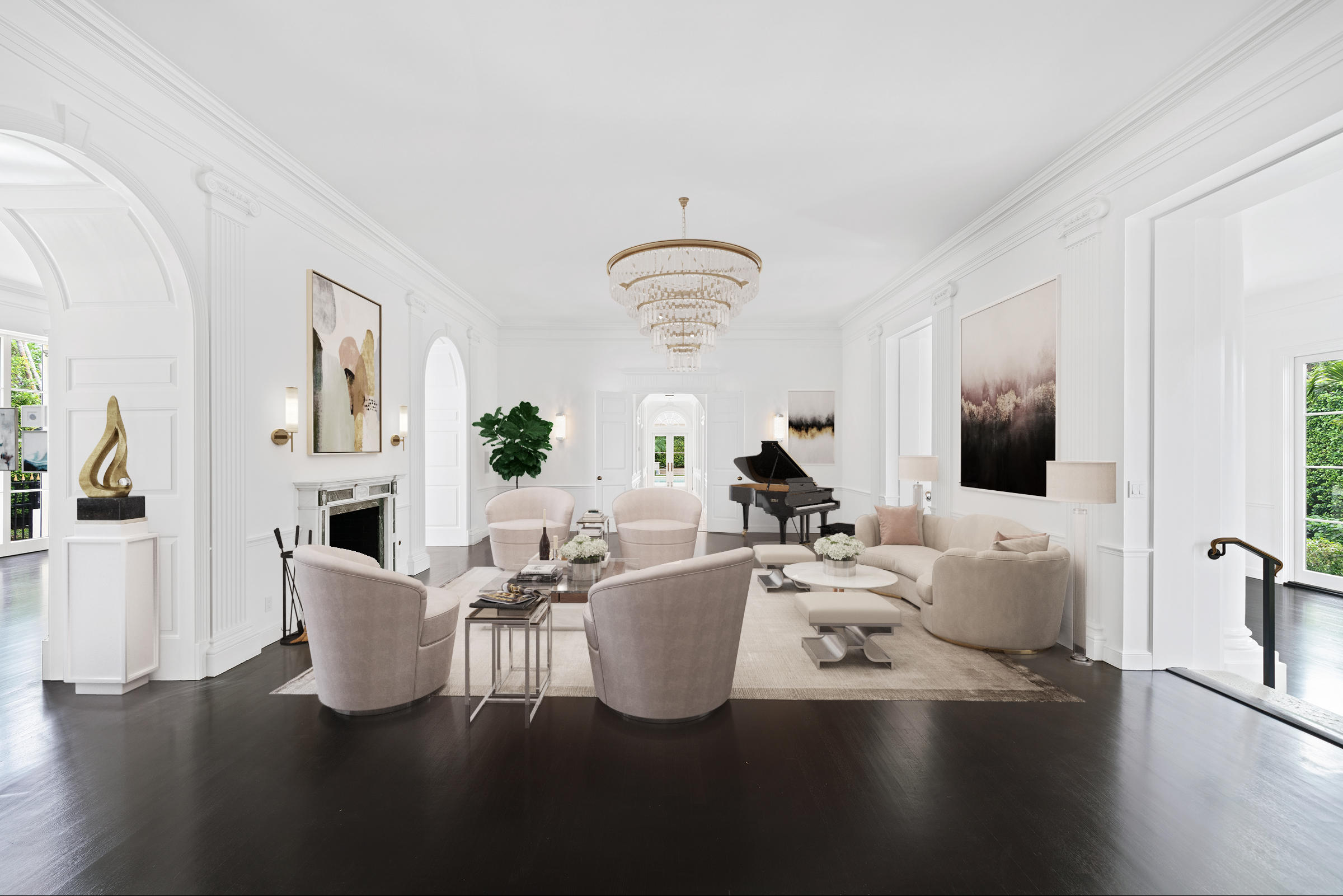 Reimagined by the esteemed Wittmann Builders Corporation, this Clarence Mack Regency home features soaring 12-foot ceilings and grand proportions. Enjoy elegant finishes throughout including solid ebony wood floors, a chef's kitchen with marble countertops and Wolf & Sub-Zero appliances, new impact windows, and a full house generator. French doors lead to the meticulously manicured garden featuring a large covered loggia, a 40-foot swimming pool, and a separate pool cabana with a built-in grill and full bathroom.