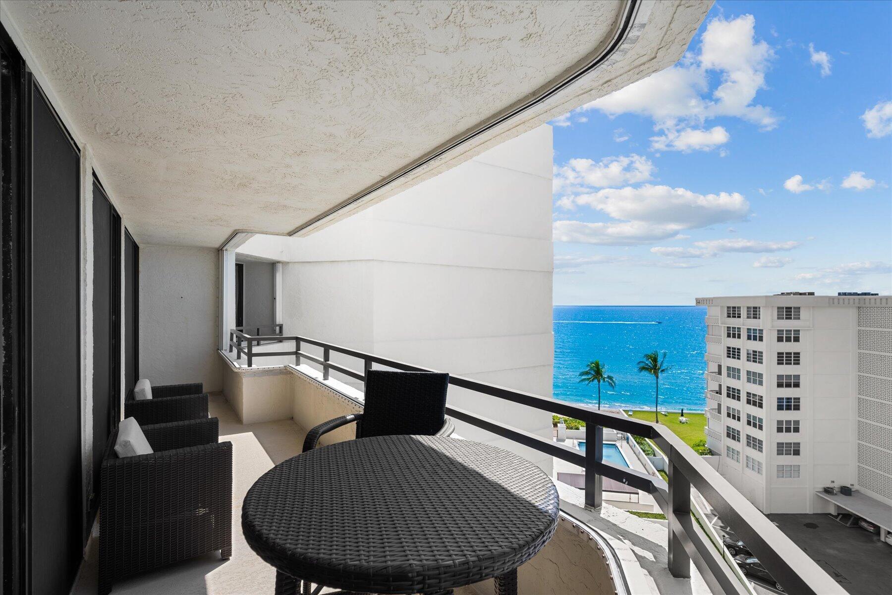 Sunny southeast ocean views from this furnished 2 bedroom/2 bath unit with a large balcony overlooking the ocean, split floorplan with 2 ensuite bedrooms, natural stone floors throughout, eat-in kitchen, 2 balconies allowing for a nice cross breeze, w/d in unit. Building amenities include garage parking, door person, fitness room, billiard room, community room, business center and 2 pools. Can rent out right away, 3x per year minimum 2 months.