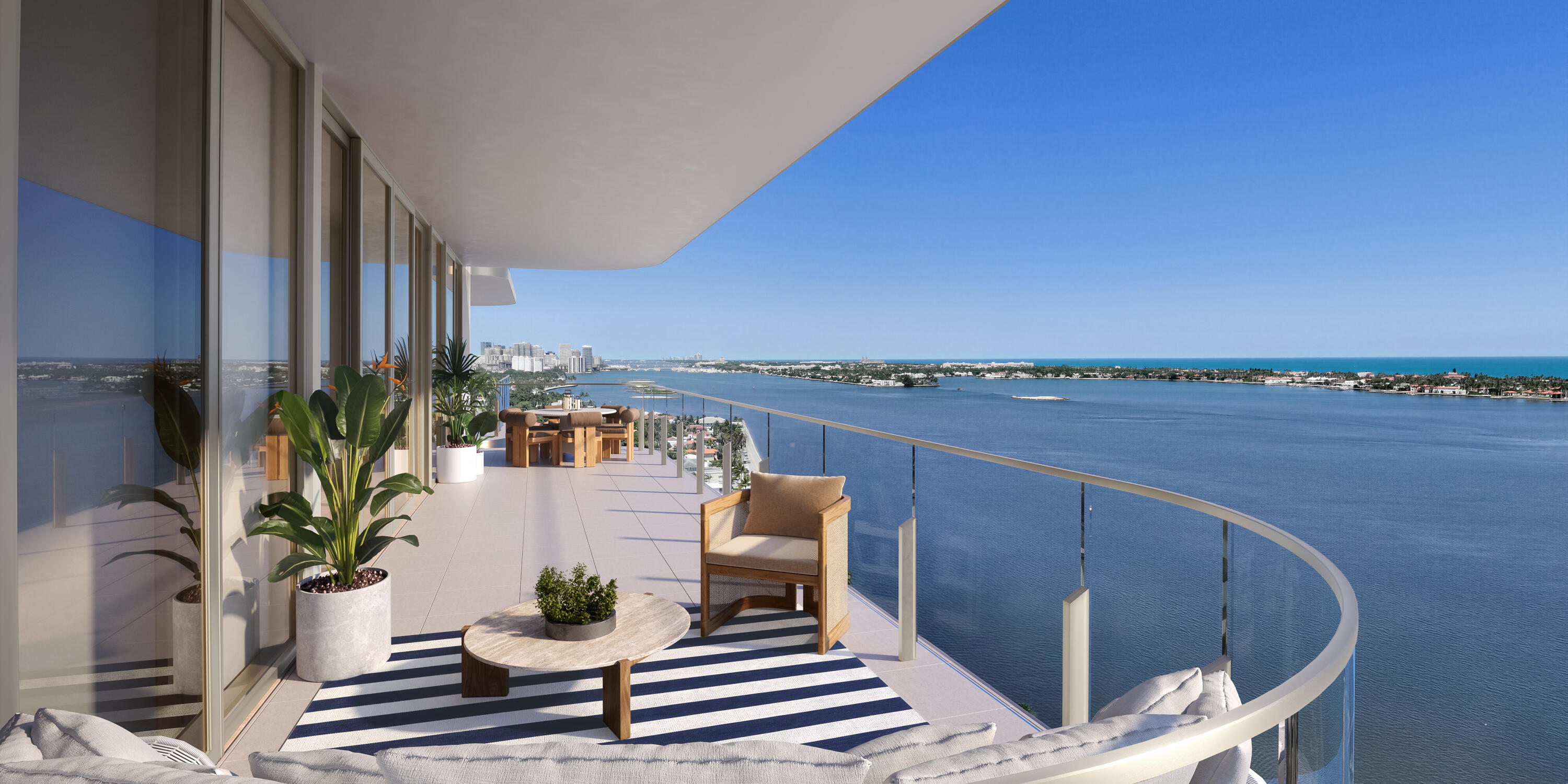 Residence B at Maison d'Or offers a blend of contemporary elegance and waterfront living in one of West Palm Beach's most exclusive residential settings. Framed by expansive glass walls and generous east- and west-facing terraces, this residence captures sweeping Intracoastal views, Palm Beach Island vistas, and dramatic sunset skylines. The open-concept great room flows naturally into a chef-inspired kitchen featuring Sub-Zero and Wolf appliances, custom cabinetry, quartz countertops, and refined designer finishes throughout. Spacious living areas are designed for entertaining while maintaining warmth and livability. The primary suite is envisioned as a tranquil retreat with spa-inspired baths, dual vanities, and generous wardrobe space.  Maison d'Or is an ultra-luxury boutique waterfront condominium with only 39 owners offering a highly curated residential experience within one of West Palm Beach's most desirable residential waterfront settings. Residents enjoy access to a waterfront pool deck with spa and cabanas, wellness and fitness center, steam and sauna rooms, private dining and lounge spaces, wine storage, concierge services, and dedicated guest accommodations, all moments from Palm Beach Island, Worth Avenue, waterfront dining, and West Palm Beach's evolving cultural and social scene.