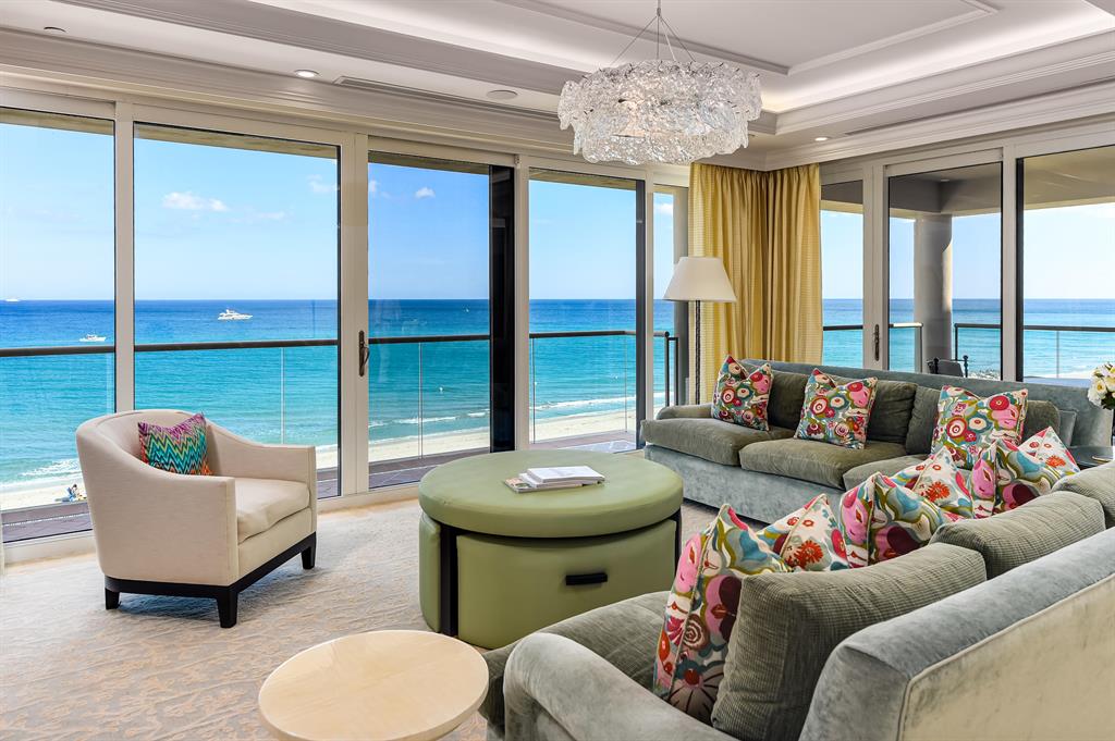 Rarely available 3 bedroom, 3.5 bath corner unit at Two North Breakers Row. Stunning direct ocean views from the living room, dining room and kitchen offering tranquil turquoise water as far as the eye can see. The 3,487 +/- square foot apartment has been meticulously renovated including floor-to-ceiling doors and windows facing the ocean, multiple balconies with glass railings. Each bedroom offers views of the Atlantic Ocean. The apartment comes with a poolside cabana offering a relaxing air-conditioned space with a full bath, small fridge, and a living space with sliding glass doors leading out to the pool terrace. The garage has 2 parking spaces. Two North Breakers Row is a full-service condominium. Includes Cabana C-27 PCN#50-43-43-23-25-003-0270.