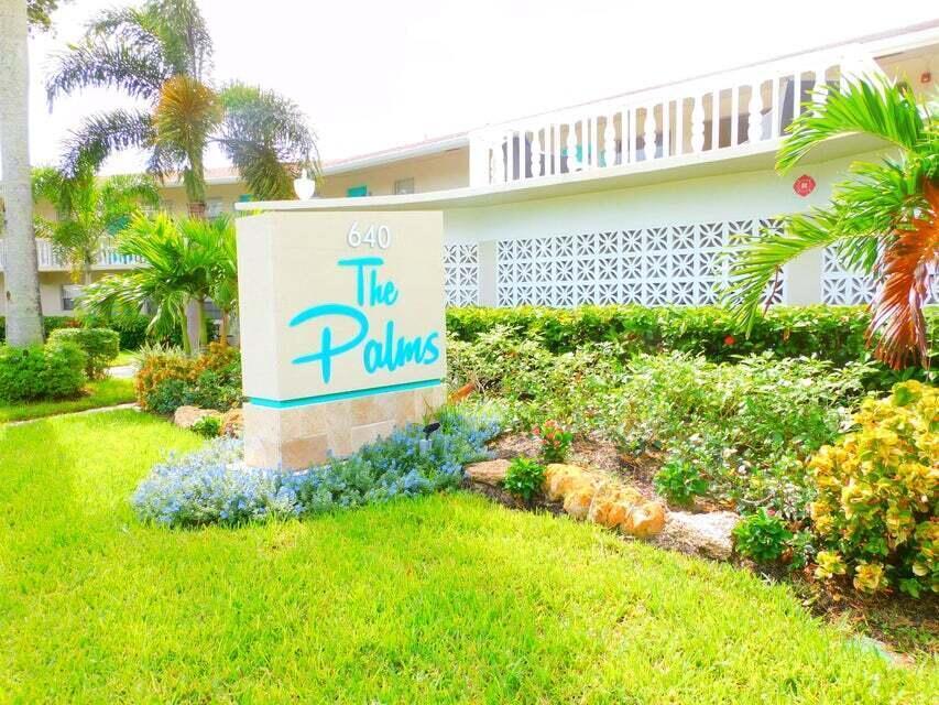 Welcome to your new home at The Palms of Boynton Beach in the heart of Downtown. This spacious one-bedroom, one-bathroom apartment, located on the first floor, is a must-see. The bedroom boasts a separate vanity area and an expansive walk-in closet. New flooring. Step out onto your private screened-in patio from the bedroom and enjoy the gentle breezes from the intra-coastal as you relax on your porch. The property offers a range of amenities, including a sundeck, BBQ area, mail room, bike rack, laundry room, and an outdoor shower. You'll also have the convenience of assigned parking. Just a short walk across the Boynton Bridge leads you to the picturesque Boynton Beach, and you're within walking distance  the vibrant nightlife of popular establishments such as The Banana Boat/2 Georges!